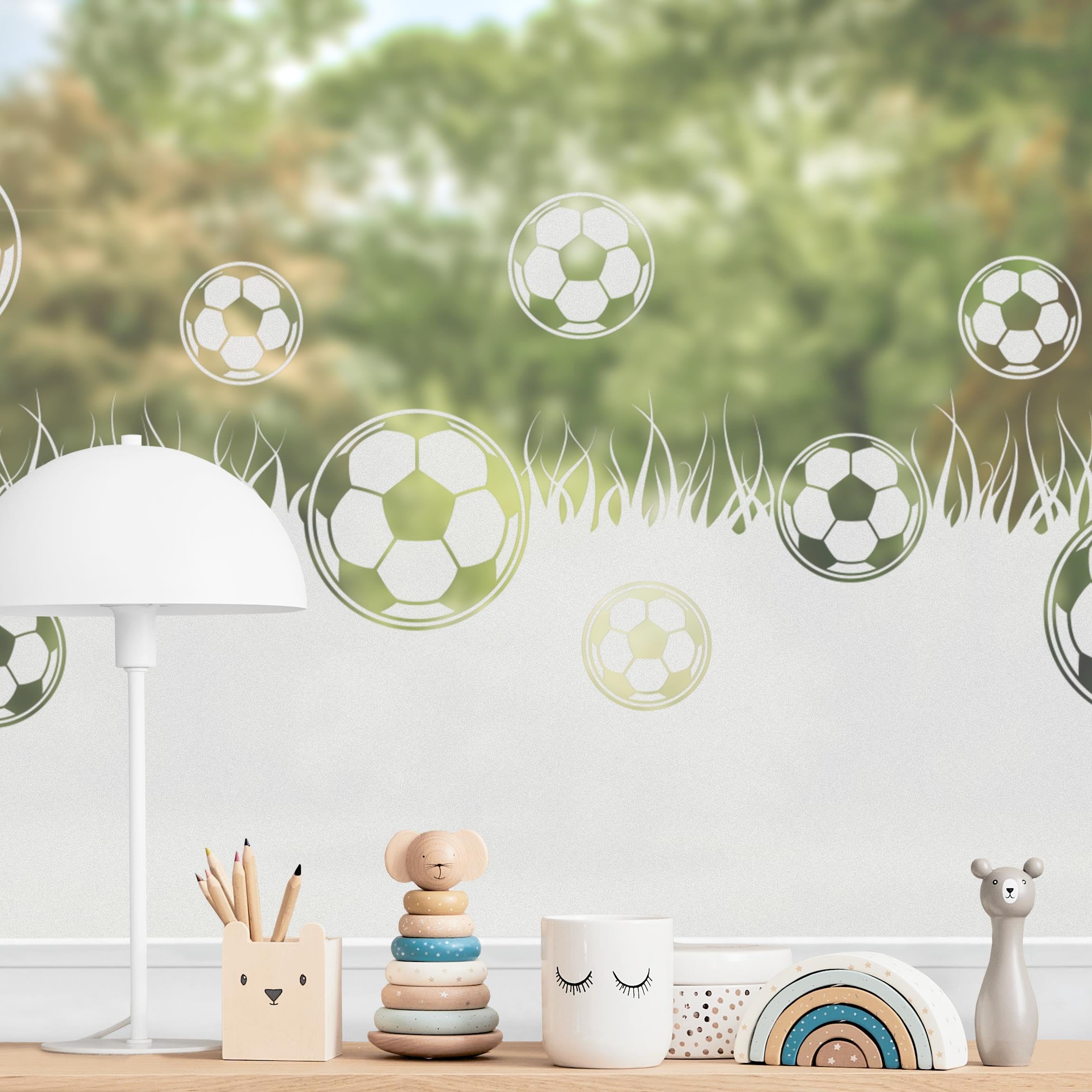 Fensterfolie statisch haftend Sport Sichtschutz Milchglas - Made in Germany - Fußball Modern Blickdicht Scheibe Innen Weiss Kinderzimmer Glas 1488 (180x60cm)