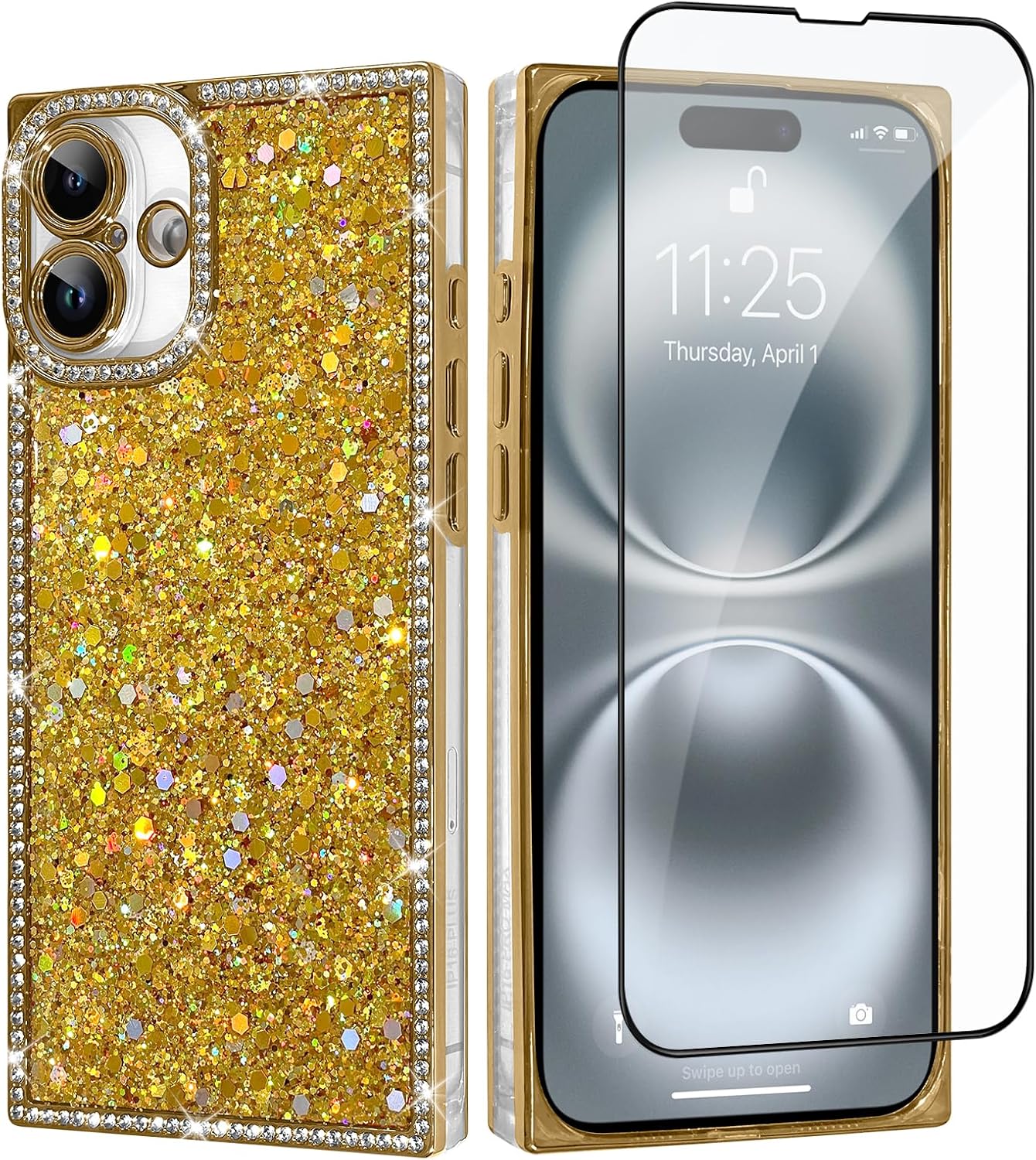 Luxury Glitter for iPhone 16 Rectangle Case with Screen Protector, Crystal Diamond Rhinestones Sequin Bling Sparkly Glossy Cute for Women Soft Shockproof Protective Phone Case, Pink