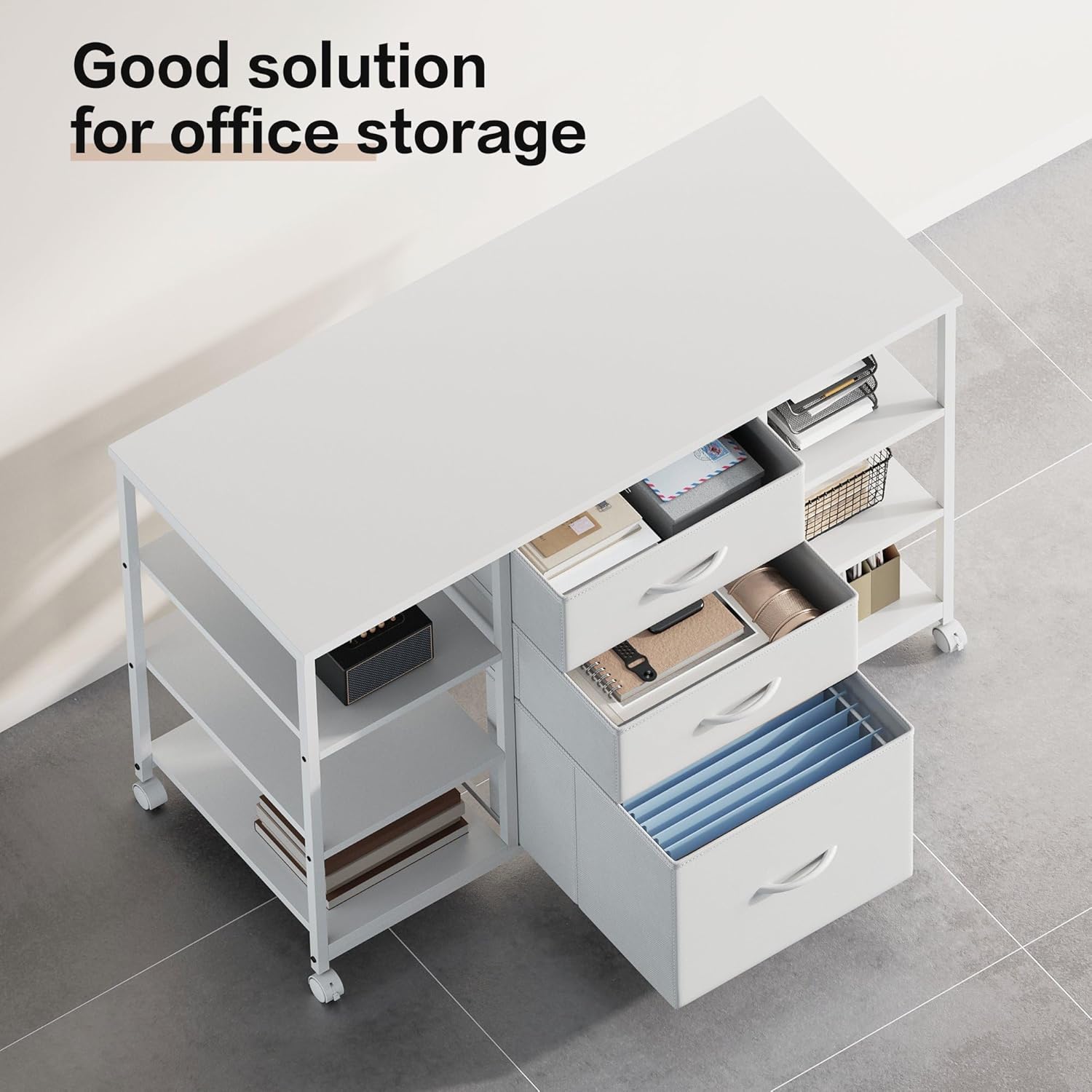 Mobile File Cabinet,Lateral Filing Cabinet with 3 Fabric Drawers,Rolling Printer Stand with 4 Open Storage Shelf for Home Office, White