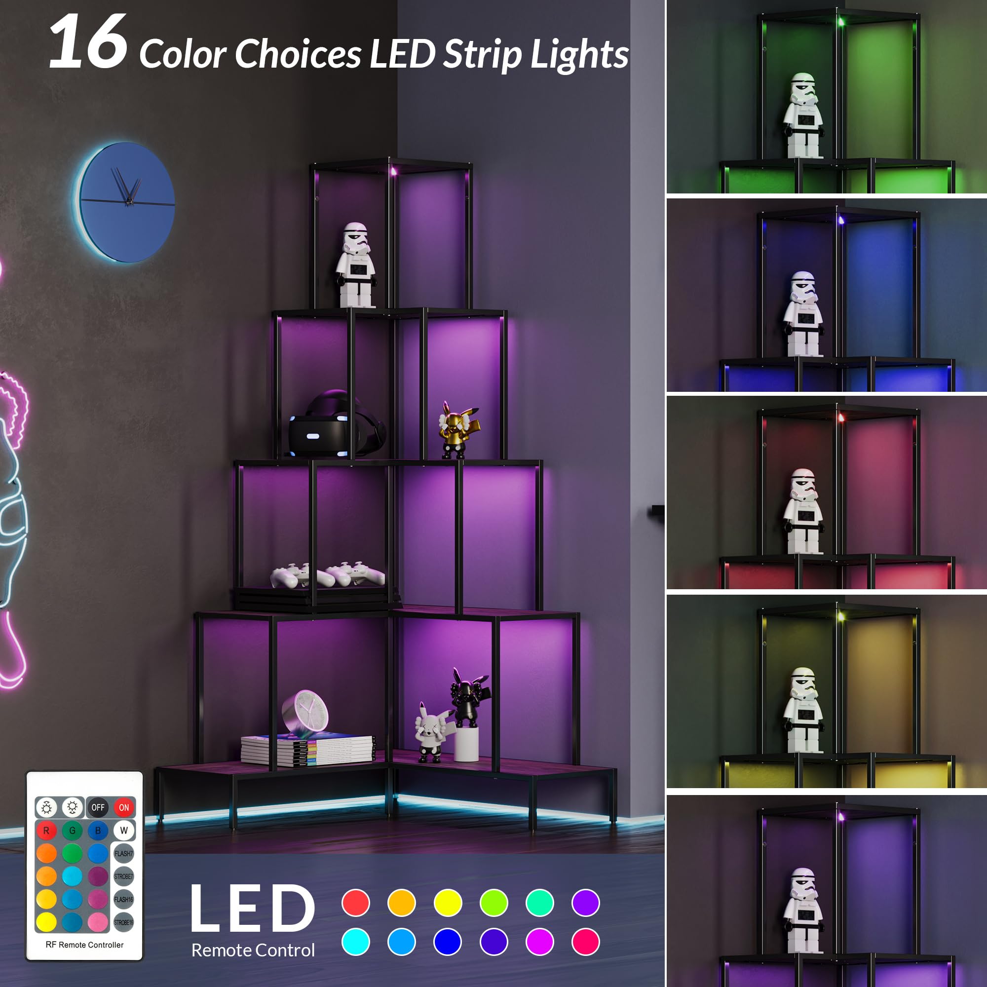 BELLEZE 5-Tier Corner Bookshelf with RGB Light, Remote Control Multiple ...