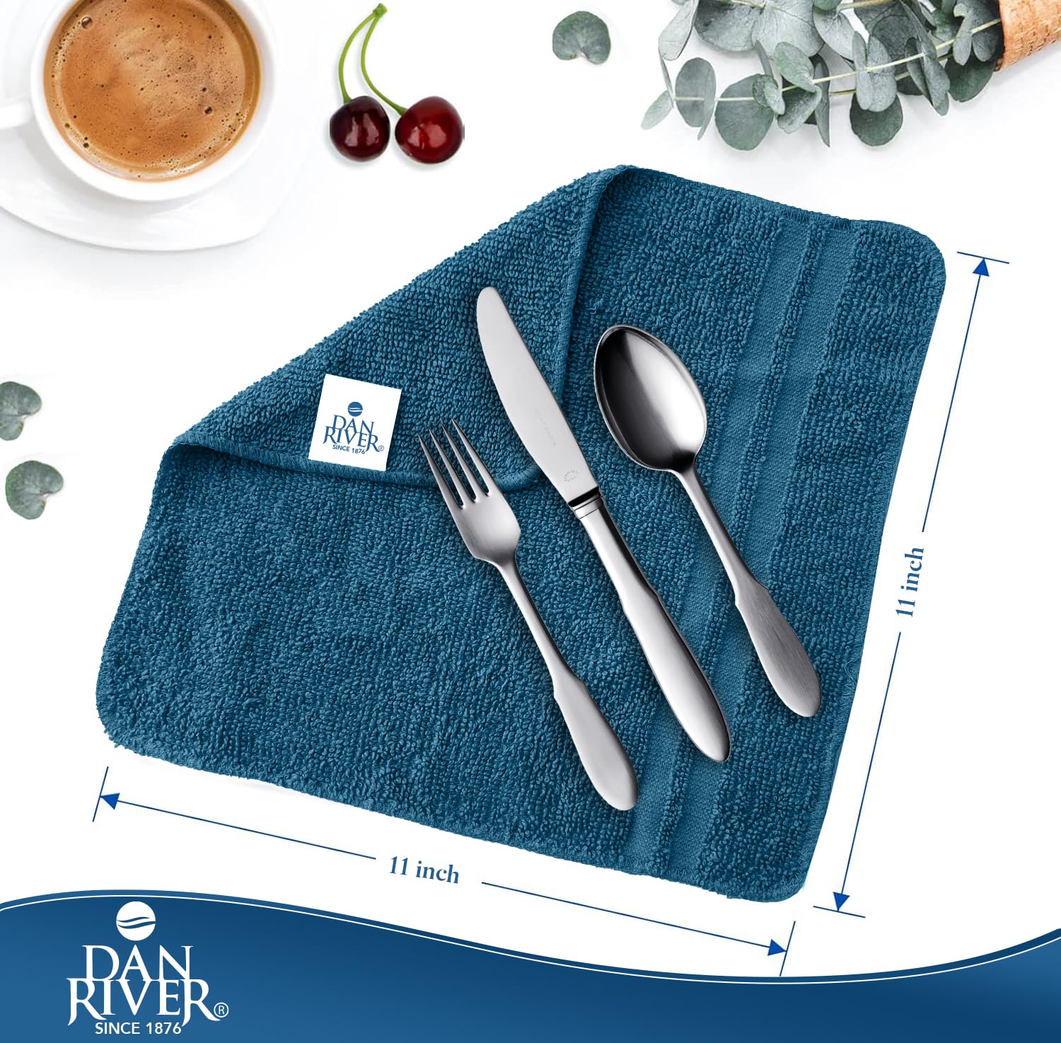 Dan River Paquete de 20 Toallas faciales 100% algodón, Toallas Esenciales de Secado rápido para baño, Manos, Cocina y Limpieza, paños de bebé | 11 x 11 Pulgadas | 400 g/m² | Azul ópalo + Blanco