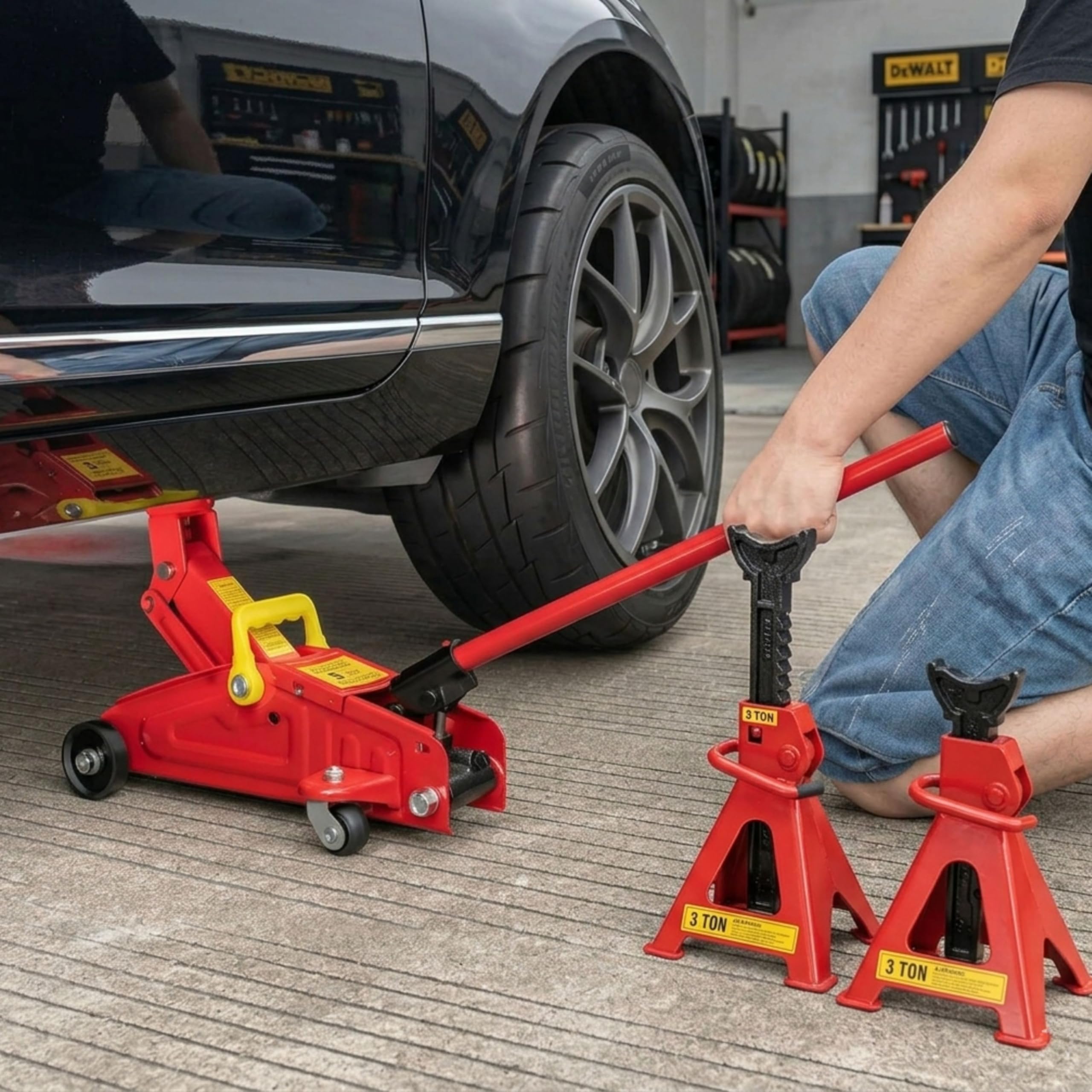 Yasta Cric Idraulico per Auto 2 Tonnellate a Carrello + Coppia Cavalletti Auto 3 Tonnellate Regolabili, Martinetto Sollevatore Professionale per Officina, Set 3 Pezzi