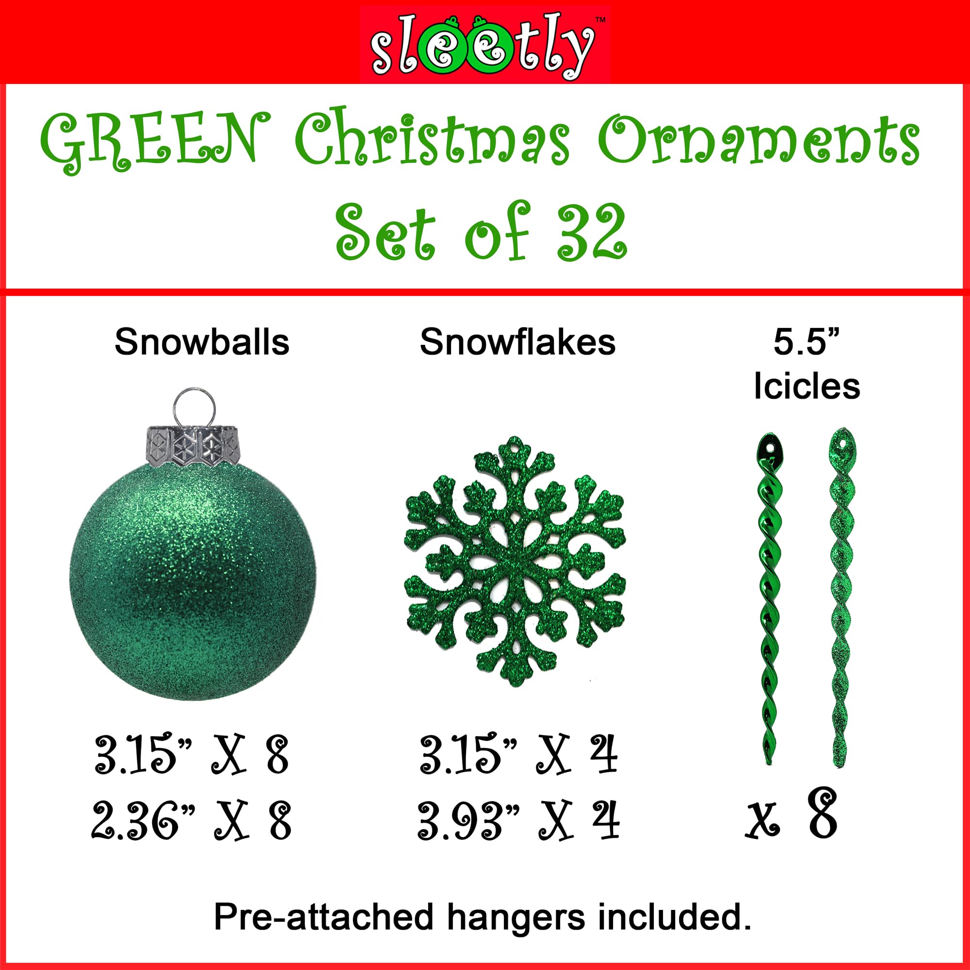Grüne Kugeln für Christbaumschmuck, bruchsicherer Kunststoff 60 mm und 80 mm Glitzer-Schneebälle, Eiszapfen und Schneeflocken, Ornament-Set mit 32 Stück