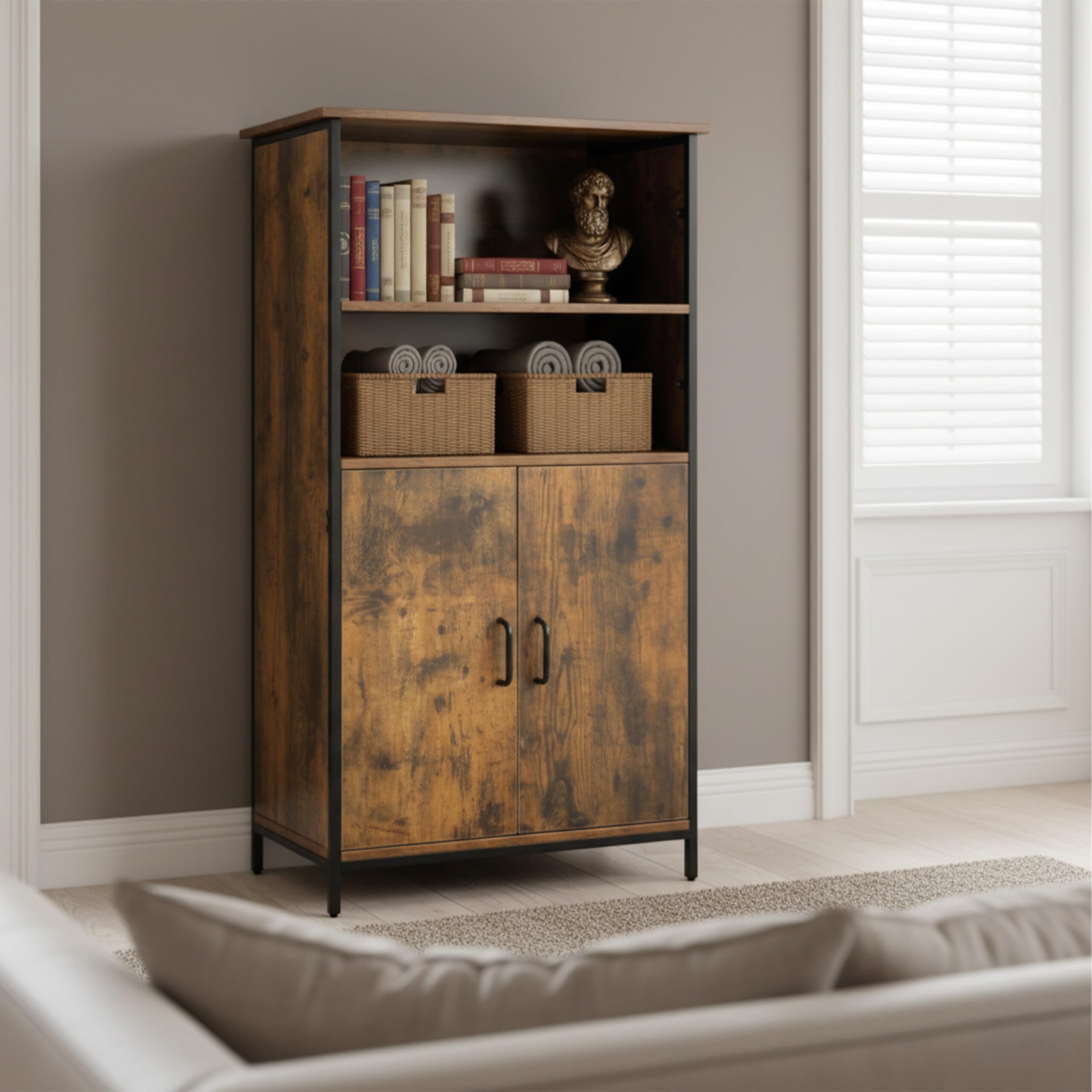 Armadio da Cucina Relaxdays, Stile Industriale, scaffale con Ante, HLP: 124,5 x 60 x 35 cm, Mobile Vintage, Marrone