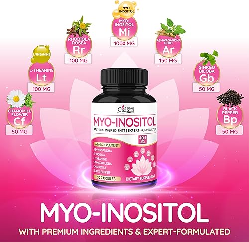 Miniatura 3 de Organic Cadane Myo Inositol & Ashwagandha Cápsulas con Rhodiola, L-Teanina, Ginkgo Biloba y más  Apoya el equilibrio corporal y digestivo  Vegano,