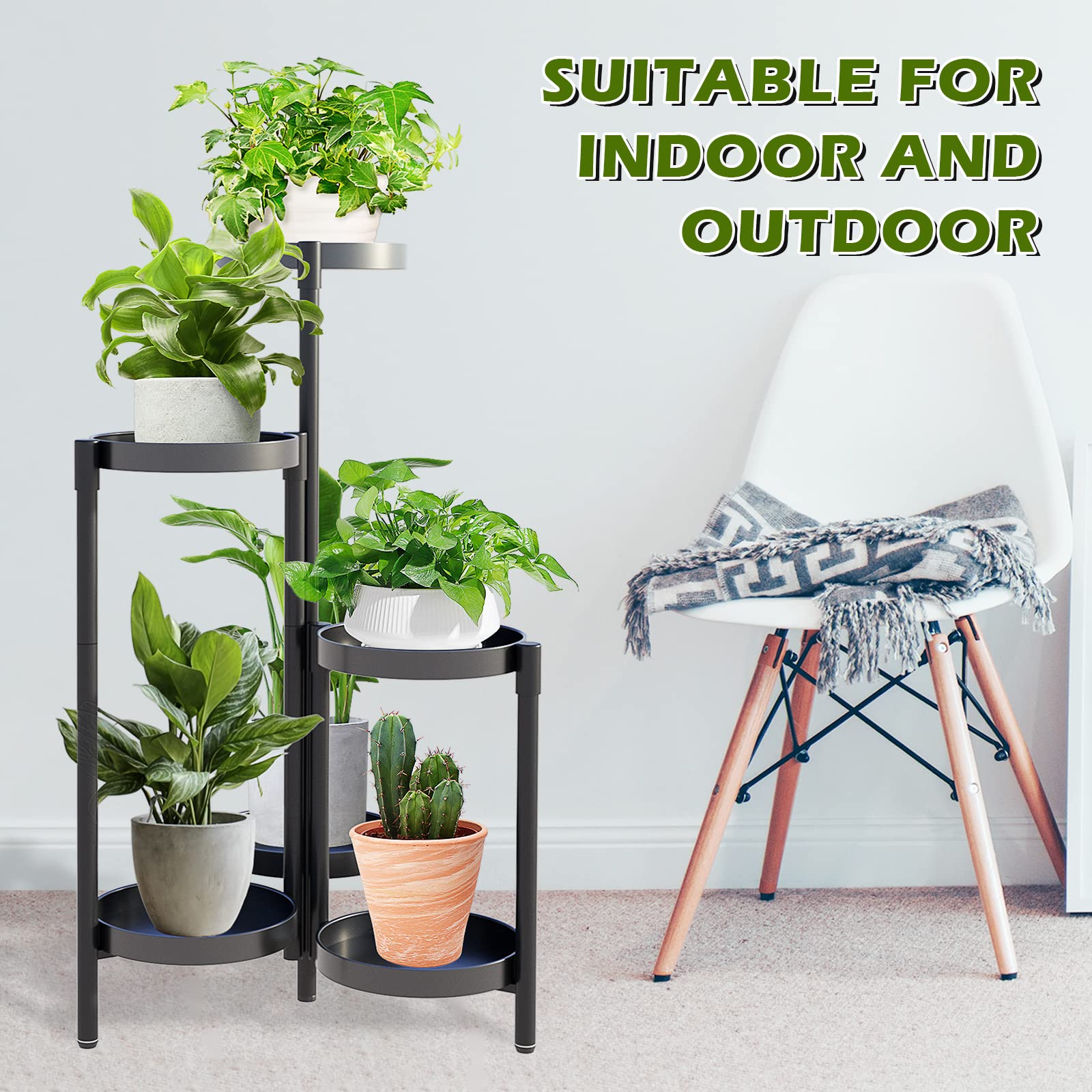 YisanCrafts Plant Stand Metal Indoor Outdoor - 6 Tier Tall Corner Plant Shelf, Vertical Flower Pot Holder Stands for Plants Multiple, Foldable Planter Rack Shelves for Patio, Balcony, Garden, Black