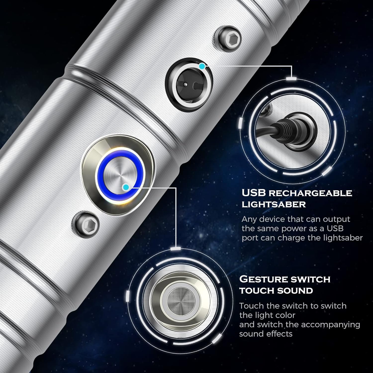 Sabre Lumineux FX, Sabre Lumineux RVB, 7 Couleurs en métal avec différents Sons de Bataille, Batterie de Charge USB pour Cadeaux, Cosplay, fête, Noir