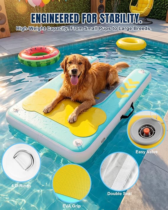 Lesotc Inflatable Dog Pool Ramp, 60x 40 Extra Large Dog Dock Platform for Lake, Pool, Boat, Non-Slip EVA Surface Easy Water Exit for Large & Senior Dogs, Support up to 240 lbs(Blue and White