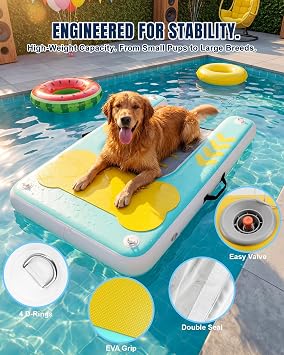 Lesotc Inflatable Dog Pool Ramp, 60x 40 Extra Large Dog Dock Platform for Lake, Pool, Boat, Non-Slip EVA Surface Easy Water Exit for Large & Senior Dogs, Support up to 240 lbs(Blue and White