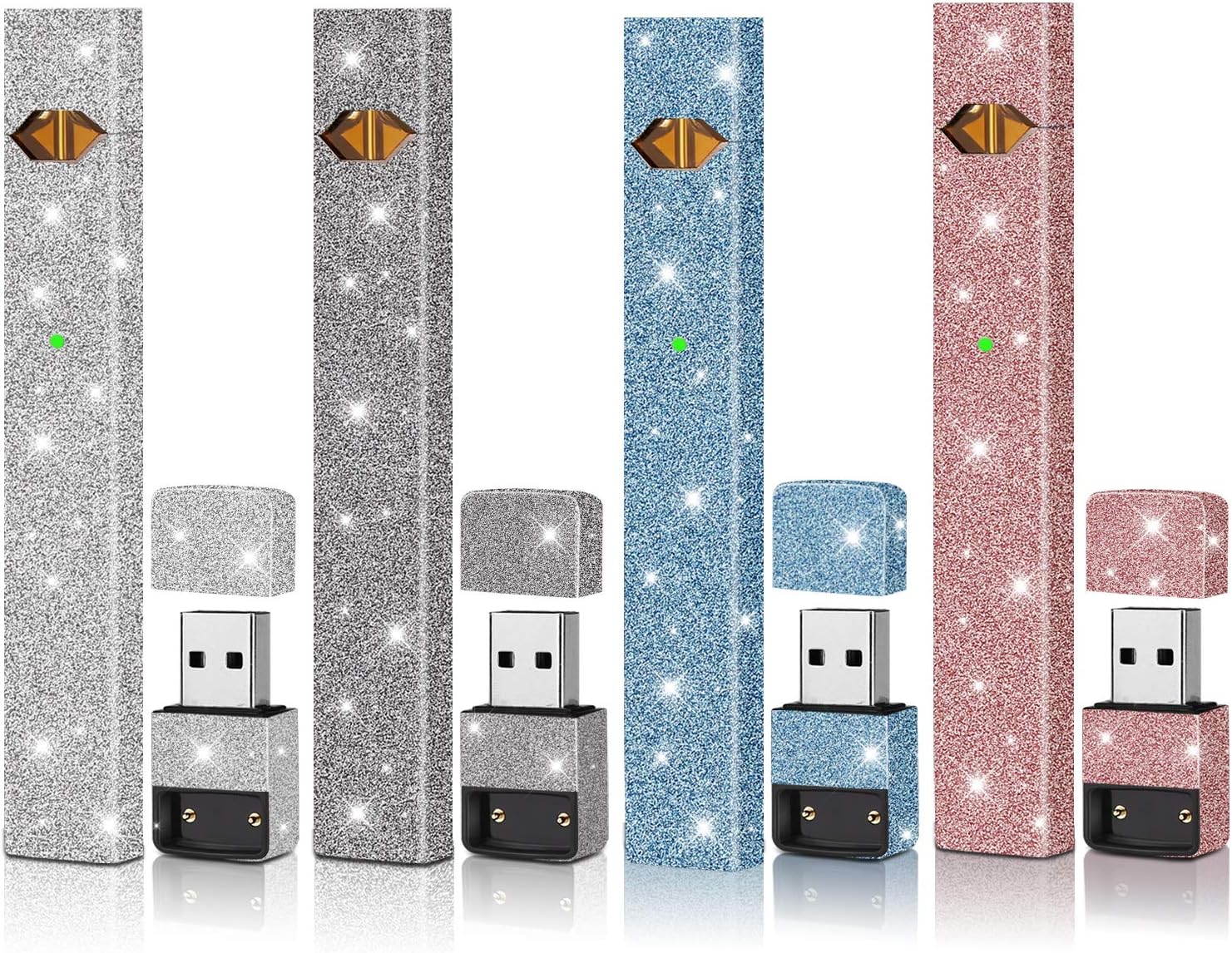 Skin|Sticker|Wrap|Decal Compatible with JUUL(4 Pack)(Rose Red Glitter Silver Glitter Blue Glitte & Black Glitter)(No Device Included) Accessories Fit for JUUL