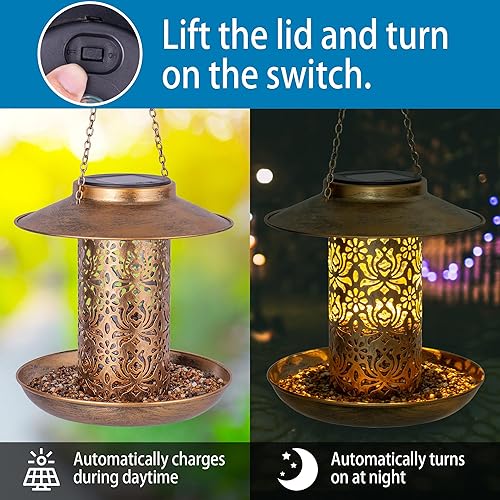 Miniatura 4 de Ottsuls Comedero solar para pájaros para colgar al aire libre, farol de jardín de cardenales salvajes de metal con gancho en S, comedero para