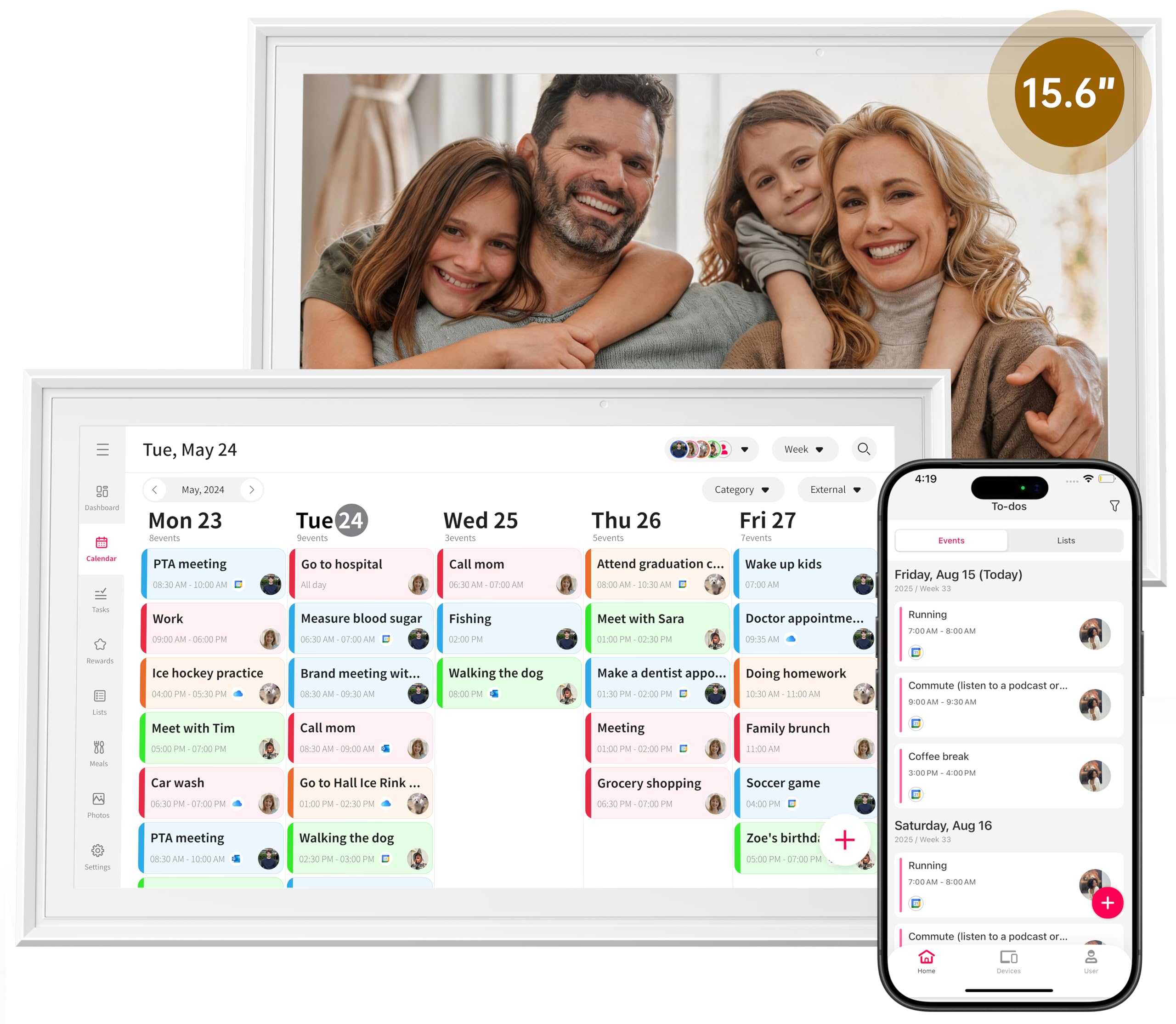 15,6 Zoll Digitaler Kalender Wand, Smart Home Wandplaner & Elektronische Chore Chart ohne Abo, WiFi Touchscreen Sync mit Google/iCloud/Outlook, Mahlzeitenplaner & Aufgaben-Organizer, Android 14