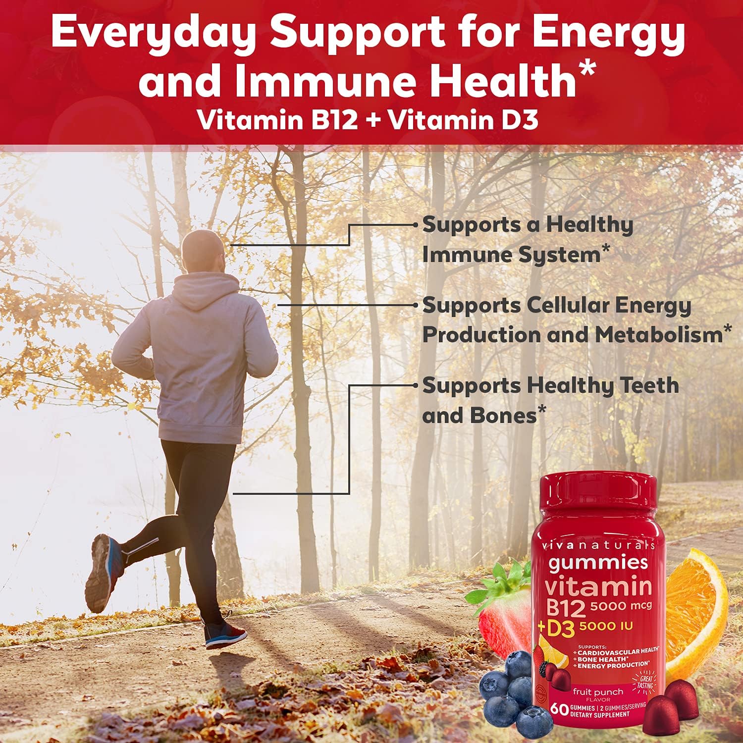 Vitamin B12 5000mcg and Vitamin D3 5000 IU Gummies, 60 Count | Delicious Fruit Punch Flavor, Vitamin D and Methyl B12 Vitamins for Energy and Immune Support : Health & Household