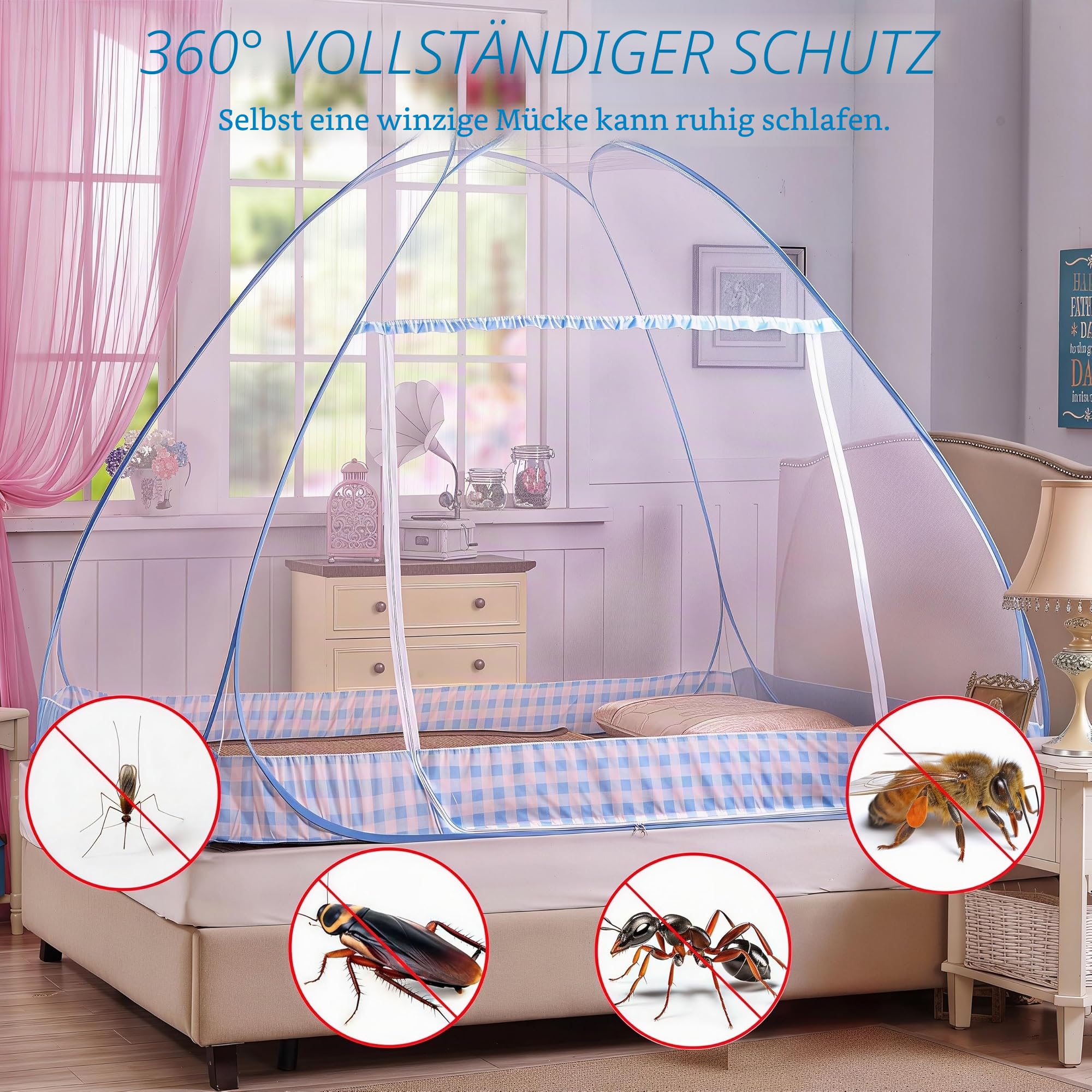 Digead Faltbares Pop-up Moskitonetz für Bett, 100×200 cm Einzeltür Design, Tragbares Reise moskitonetz, Ideal für Zuhause, Reisen & Camping - Blauer Rand