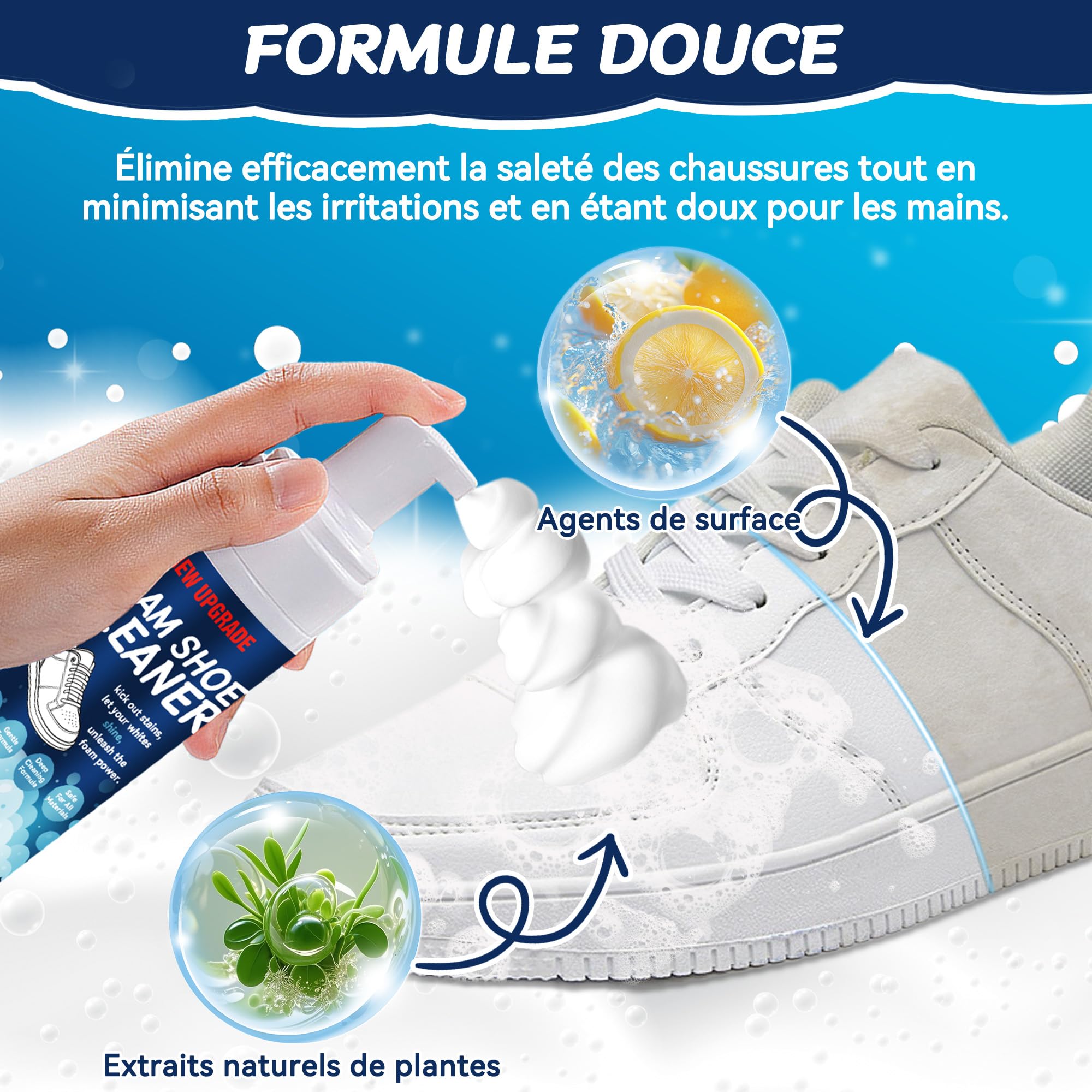 Nettoyant Chaussure, kit nettoyage chaussure blanc pour baskets (200 ml) avec brosse et chiffon microfibre. Permet un nettoyage rapide et sans eau des chaussures en cuir, toile, maille, caoutchouc