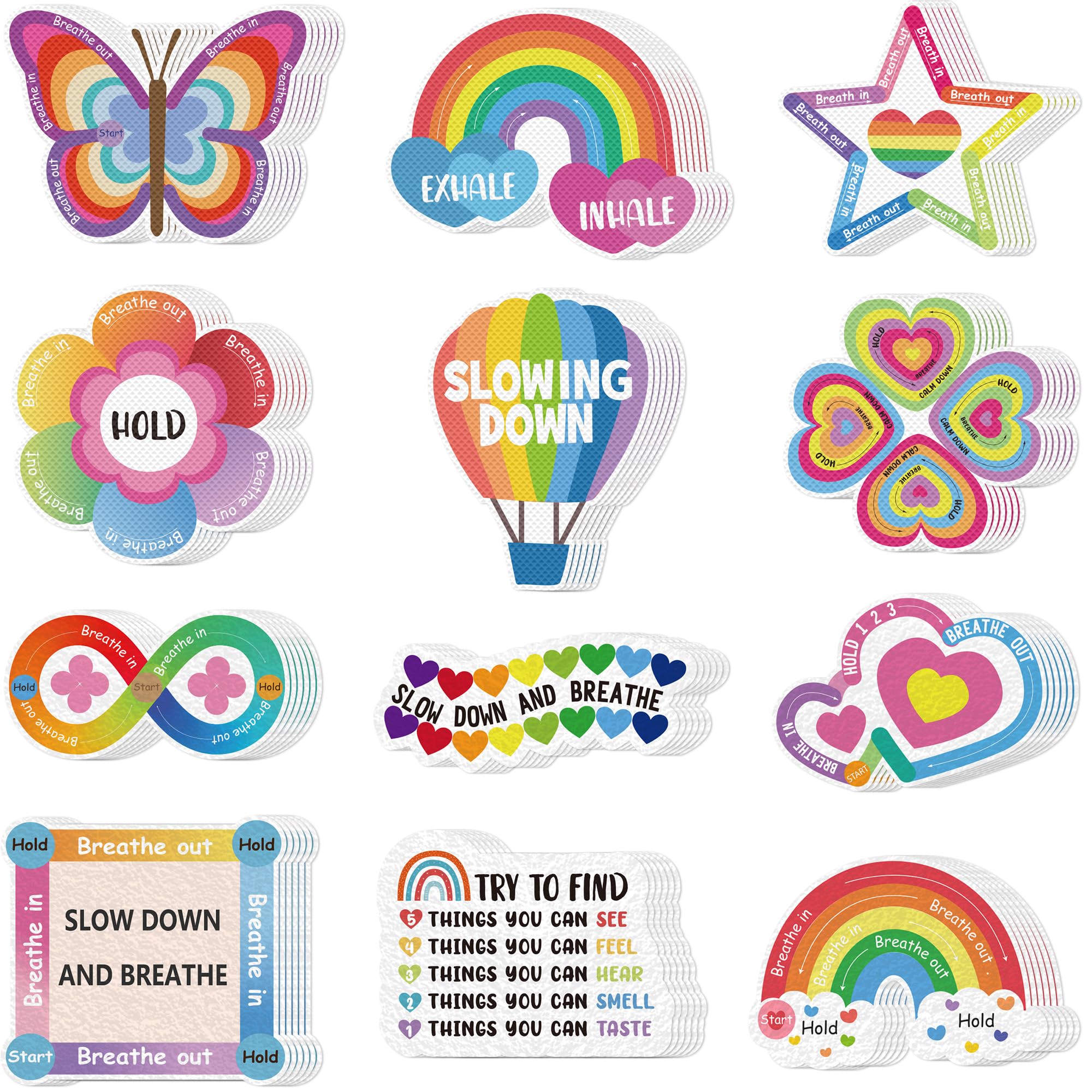 POSLIUE 72Pcs Calm Strips for Anxiety - 12 Styles Textured Sensory Strips, Mental Health & Breathing Stickers for Adults & Kids