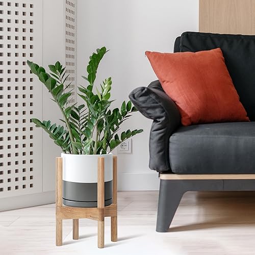 Miniatura 2 de D'vine Dev Maceta de cerámica con soporte natural, maceta redonda moderna de 8 pulgadas con soporte para maceta de madera, blancogris, 55-B-N-6