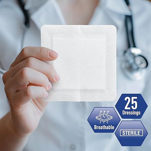 Miniatura 12 de Medpride Apósitos de gasa con bordes de 4x4 pulgadas, 25 unidades, bolsas empaquetadas individualmente, apósito para heridas con bordes adhesivos