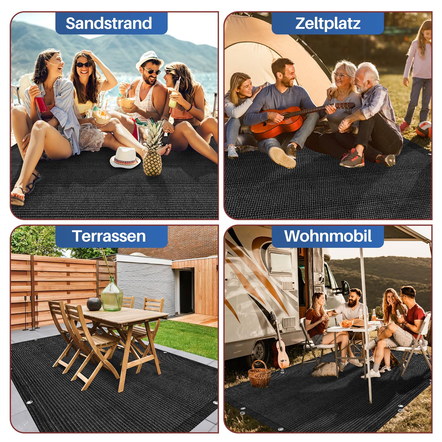 Tappeto per Tenda da Campeggio ‎Nero, Tappeto da Campeggio per Tenda, Camper, in HDPE, Tappeto per Tende da Sole con 12 Fori, 13 picchetti e Borsa per Il Trasporto, 250x600cm