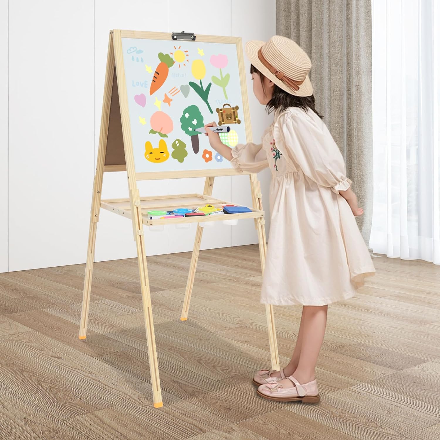 Art Easel for Kids Adjustable Standing Easel for Toddlers with Accessories, Magnetic Whiteboard & Chalkboard, Wooden Double Sided Drawing Board for Children, Beginners, Home, Classroom