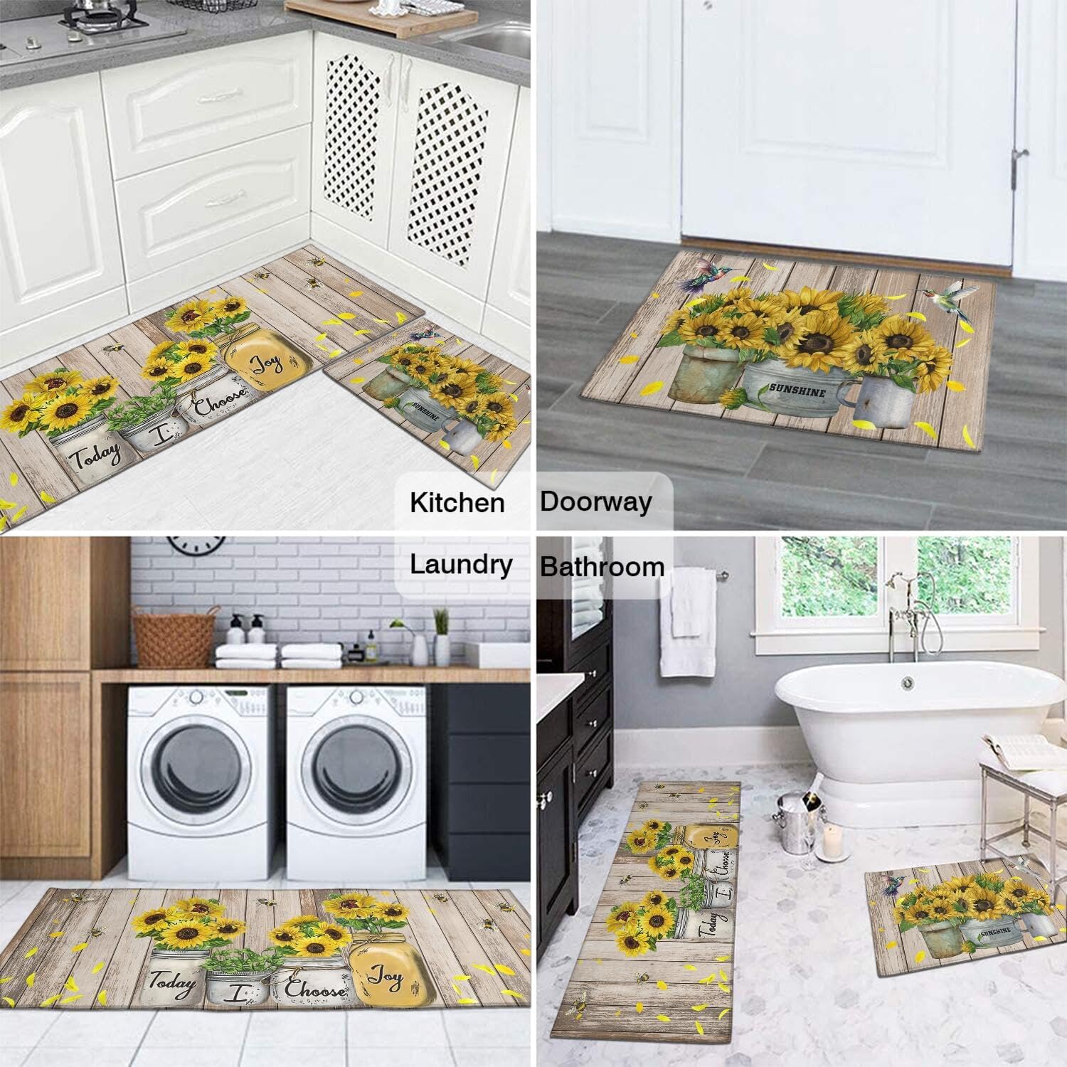 Sunflower Kitchen Rugs Sets of 2, Farmhouse Vintage Washable Anti Fatigue Kitchen Runner Mats for Floor, Non Slip Comfort Standing Holiday Decor Mat for Sink, Laundry, Office 17"x 47"+17"x 30"