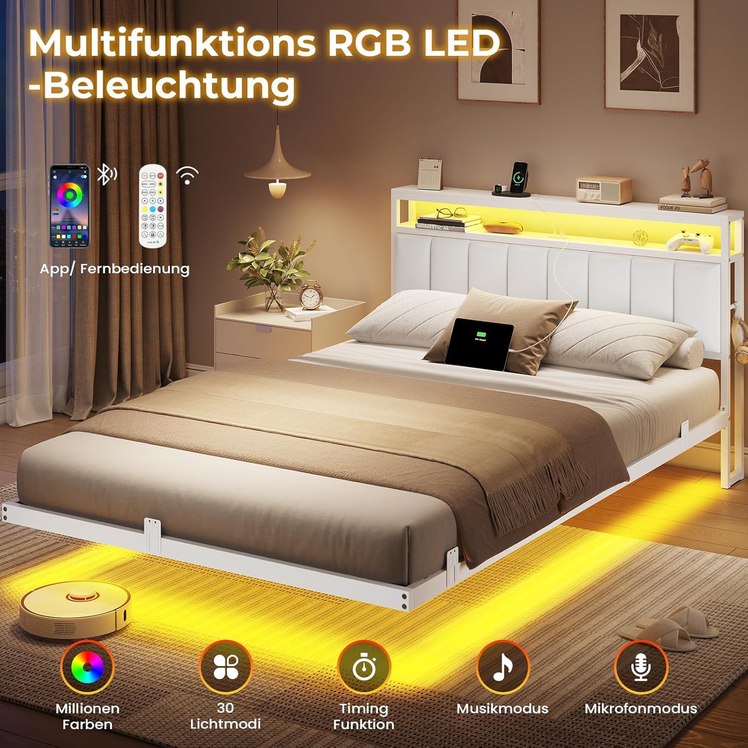AOGLLATI Cama 140 x 190 cm con Iluminación LED y Estación de Carga, Camas Matrimoniales con Cabecero Tapizado en PU, Cama Matrimonio con Espacio de Almacenamiento, Diseño Visual Flotante, Blanco