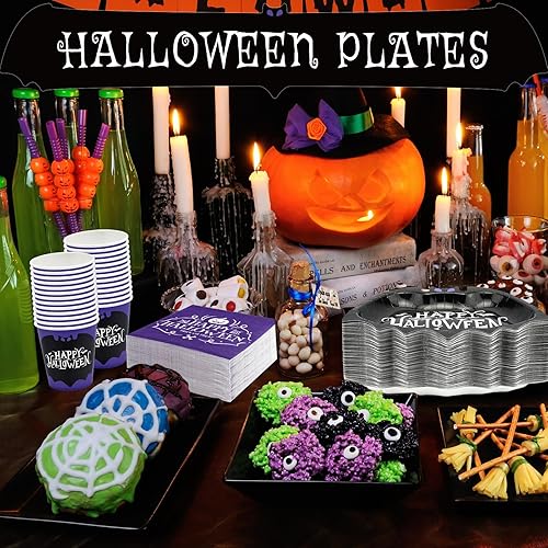 Miniatura 6 de 200 platos y servilletas de Halloween, vasos desechables de papel, suministros para fiestas, cena, postre, aperitivo, pasteles, juegos de vajilla,