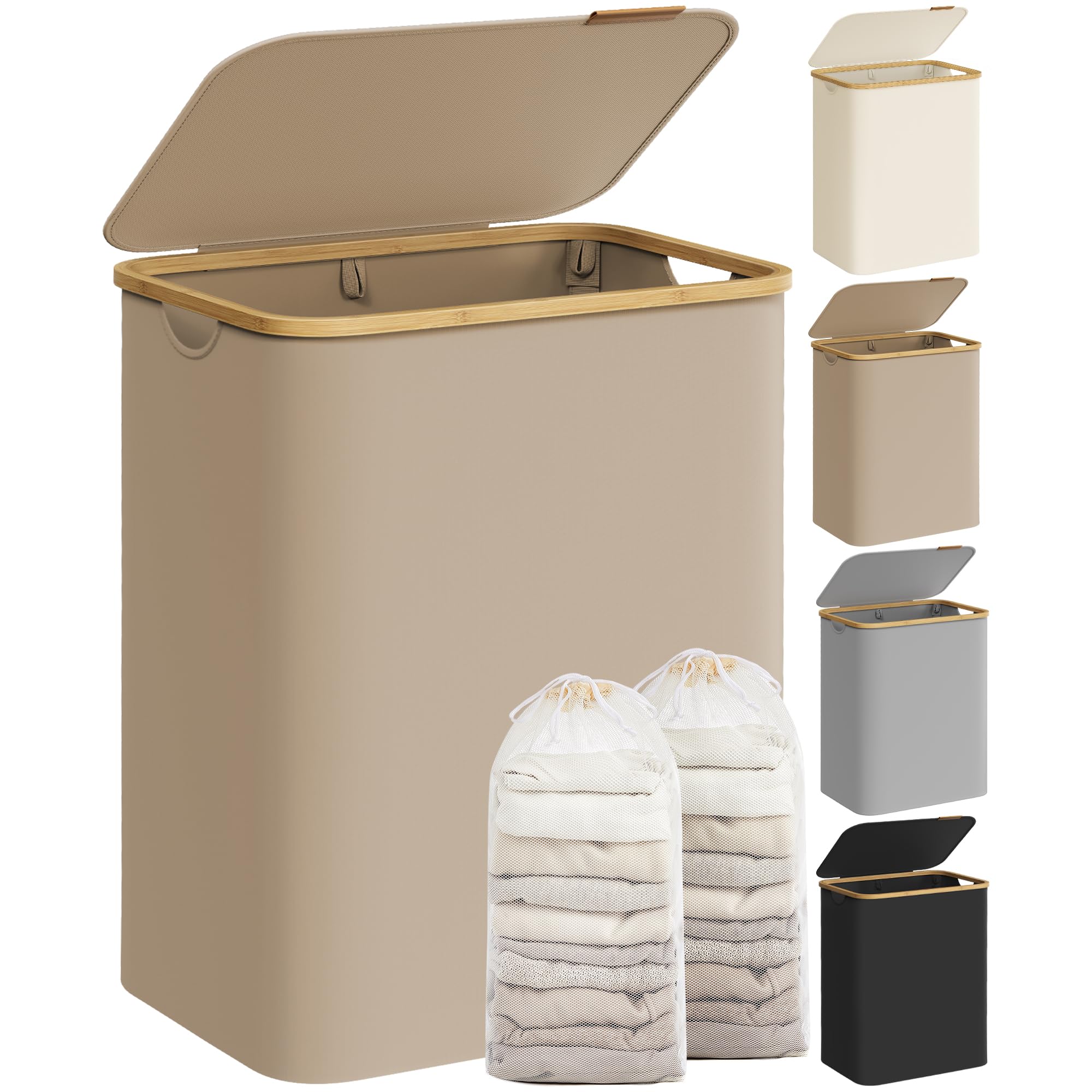 SONGMICS Laundry Basket with Lid, 2-Section Large Laundry Hamper, 130 L, Removable Mesh Liner, Oxford Fabric, Bamboo Handles, Collapsible, 52 x 38.5 x 70.5 cm, Camel Brown LCB513LJ01