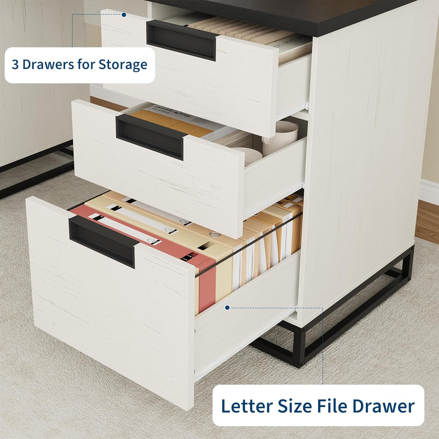 Garvee 59 in Farmhouse Executive Desk, Home Office Desk with File Drawer and Storage Cabinet, Wooden Computer Table with 3 Drawers for Work and Study ，White+Vintage/Black