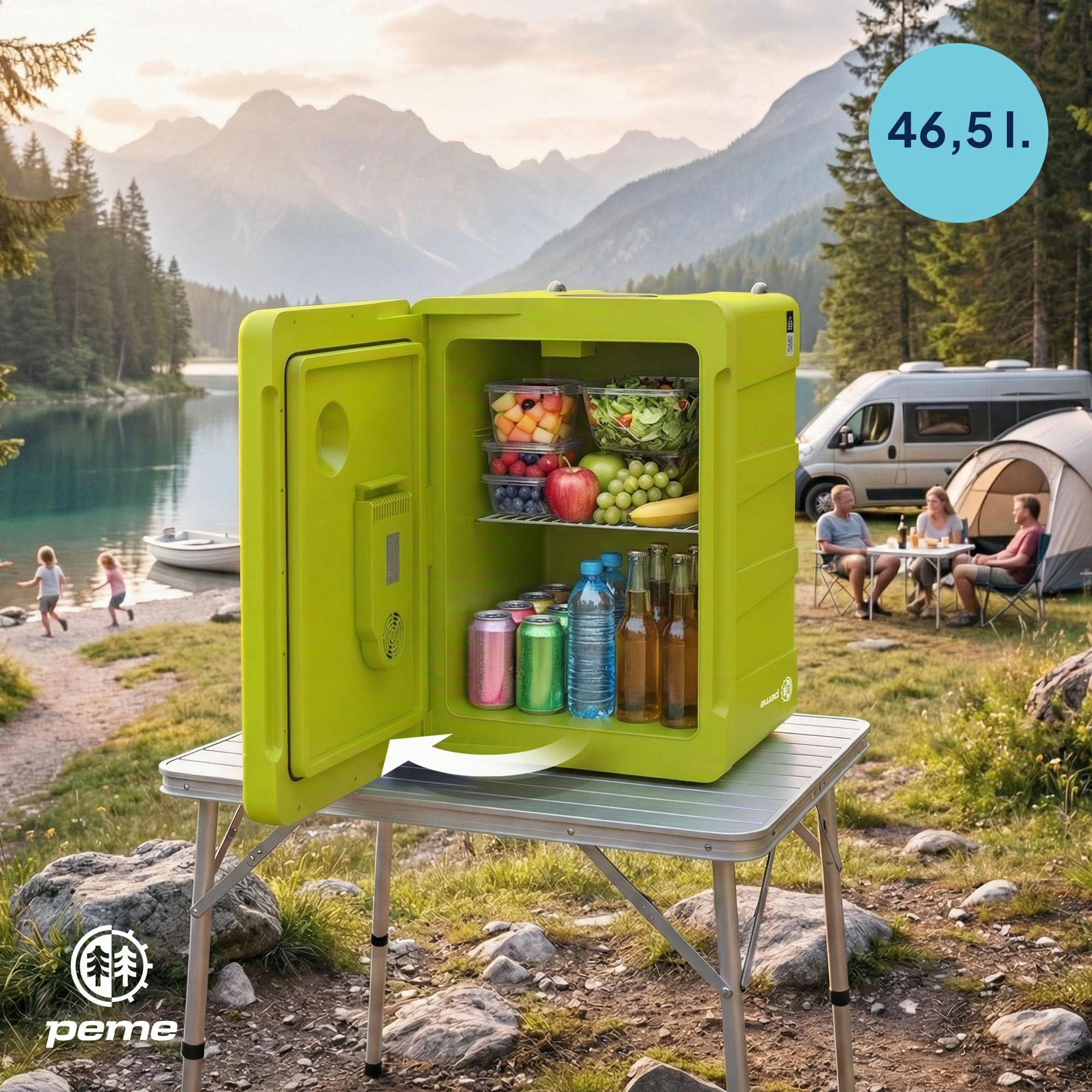 peme Frigo Portatile 46,5L - Frigorifero Elettrico con Caldo/Freddo, Doppia Alimentazione 12V & 240V Modalità Ruote e Maniglia Funzionamento Silenzioso per Auto Camper - Essential XL 50 Neon Jungle