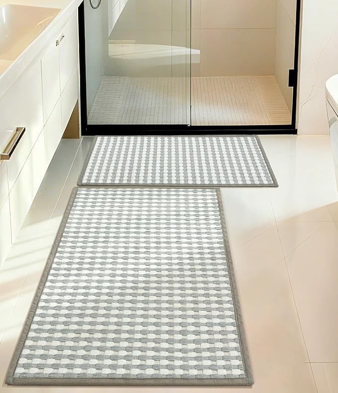 YIHOUSE Light Grey Bathroom Rugs Set 2 Pieces, Gray Checkered Absorbent Bath Mat Sets Quick Dry, Woven Soft Bath Rugs Non Slip, Thin Washable Rugs for Bathroom(17"x24"+17"x32")