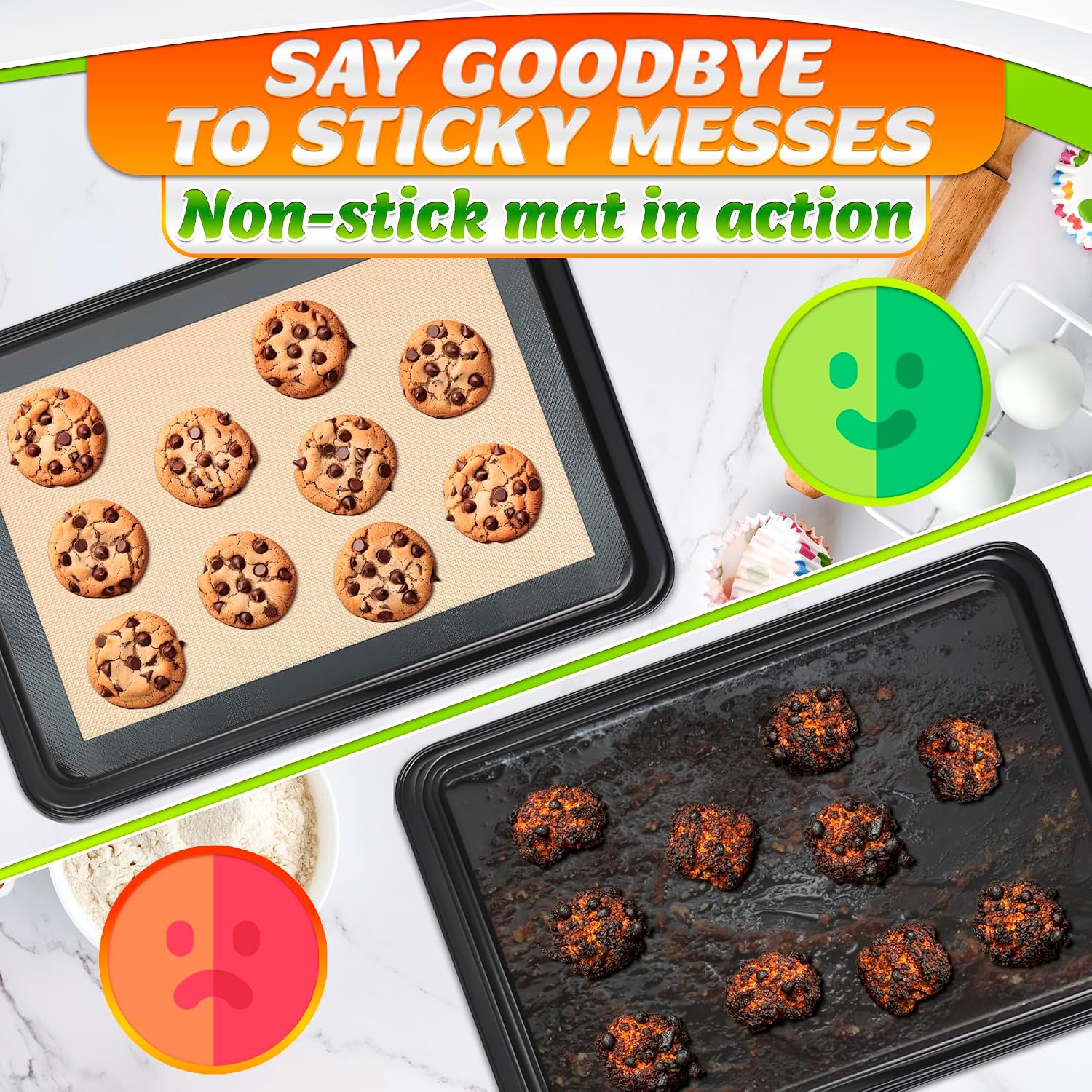 3 Pcs Silicone Baking Mat with Reinforced Edges, Heat Resistant