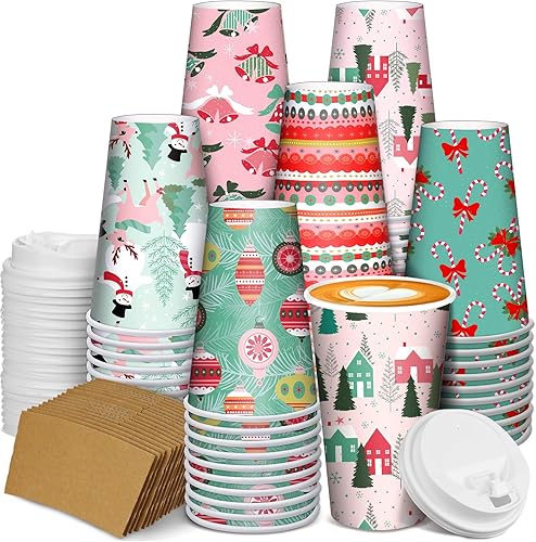 Miniatura 7 de Zhehao 90 unidades30 juegos de tazas de café de papel de Navidad con tapas y fundas desechables de cacao caliente para fiestas de chocolate caliente