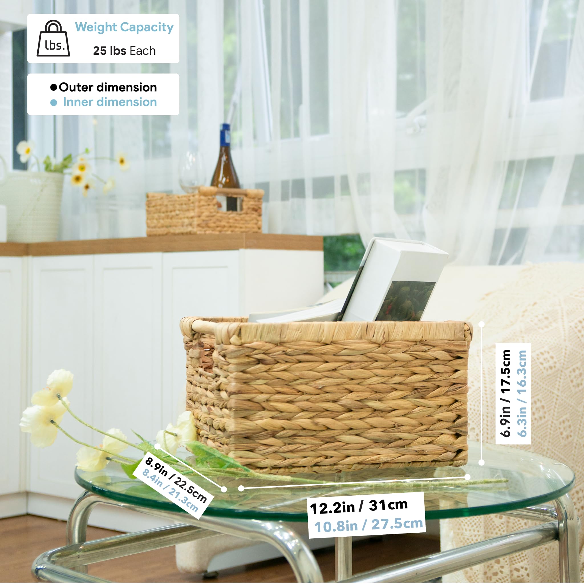 Grote 36,8 cm x 34,3 x 20,3 cm (set van 3) natuurlijke waterhyacint geweven opbergmanden, rechthoekige rieten mand met ingebouwde handgrepen, groot