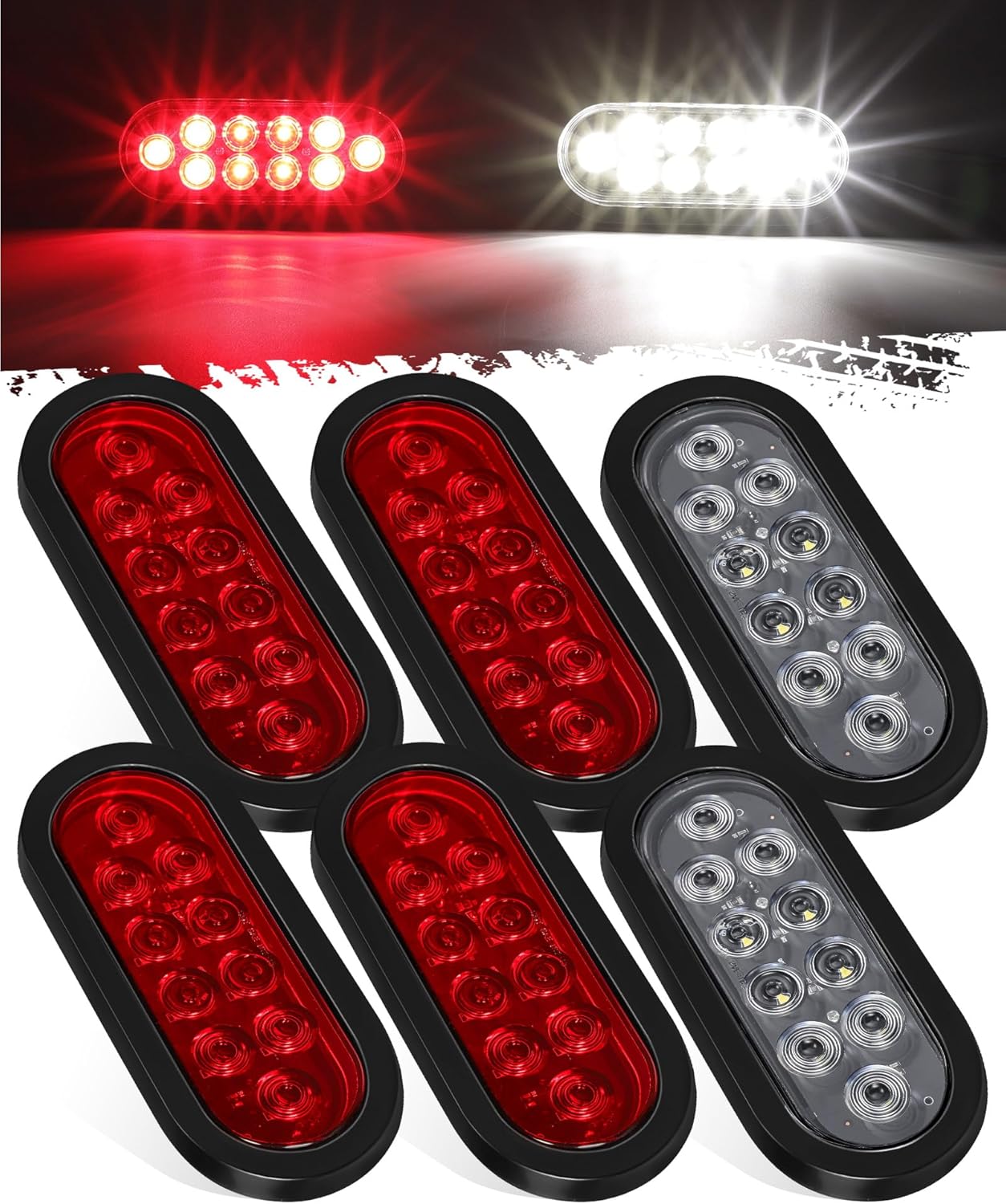 Partsam 6x Oval LED Trailer Tail Lights 10LEDs 6 Inch 4 Red 2 White Stop Brake Turn Reverse Backup Lights Rear Lamp Sealed Flush Mount 3-pin Plug Rubber Grommet for Flatbed Truck Trailer RV 12V IP67