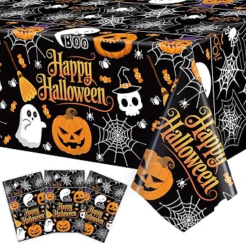Halloween Tablecloth, 3 Pack 54" X 108" Orange Black Disposable Plastic Table Covers, Cute Pumpkin Ghost Designs for Halloween Decorations, Indoor Outdoor Rectangular Table Decor