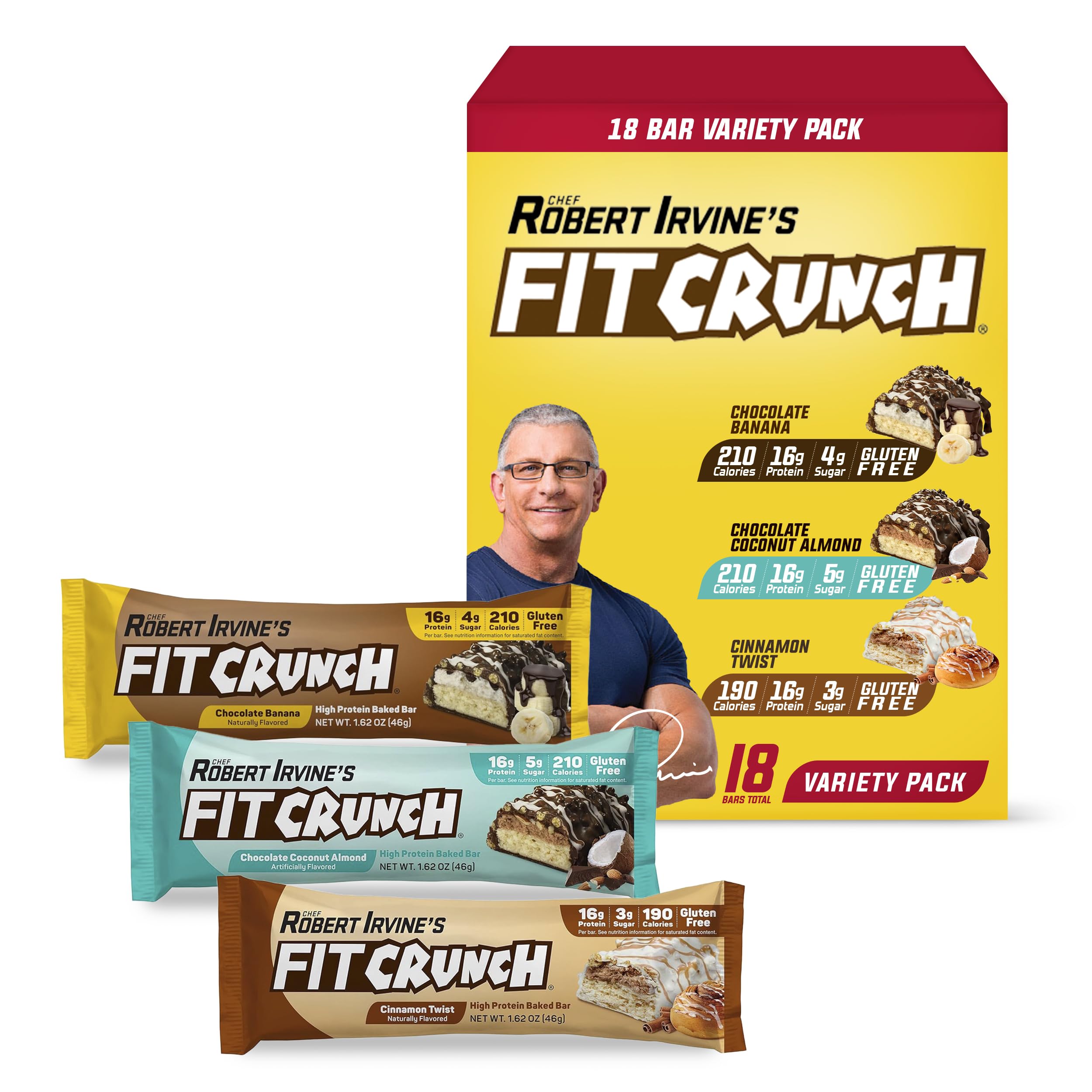 Fit Crunch Snack Size Protein Bars, Designed by Robert Irvine, 6-Layer Baked Bar, 3g of Sugar, Gluten Free & Soft Cake Core (18 Count, Variety Pack)