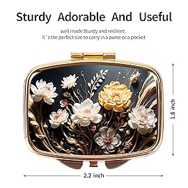 Dynippy Pill Case Pill Box with Mirror Retro Pocket 2 Compartment Medicine Case Vitamin Pill Organizer for Pocket Purse and Travel (Gold- Flower 1)