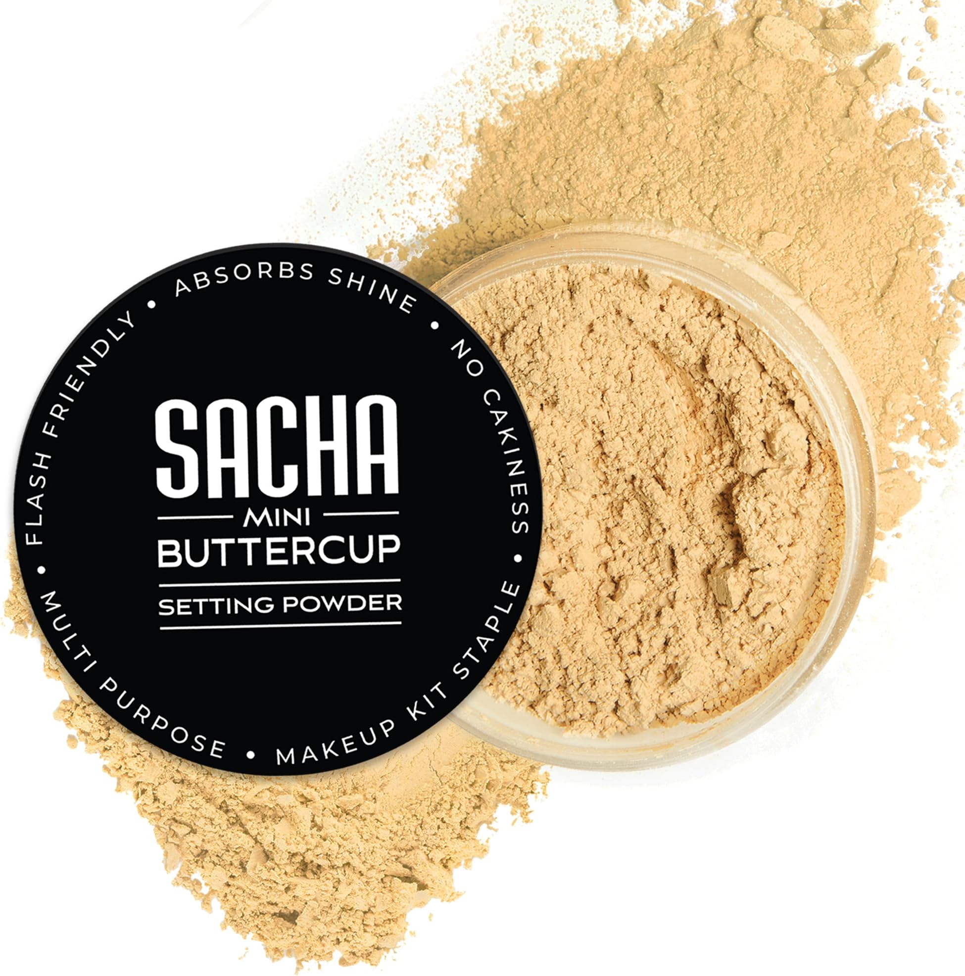 Sacha BUTTERCUP Mini Setting Powder. No Ashy Flashback. Blurs Fine Lines and Pores. Loose, Translucent Face Powder to Set Makeup Foundation or Concealer. For Medium to Dark Skin Tones, 0.35 oz.