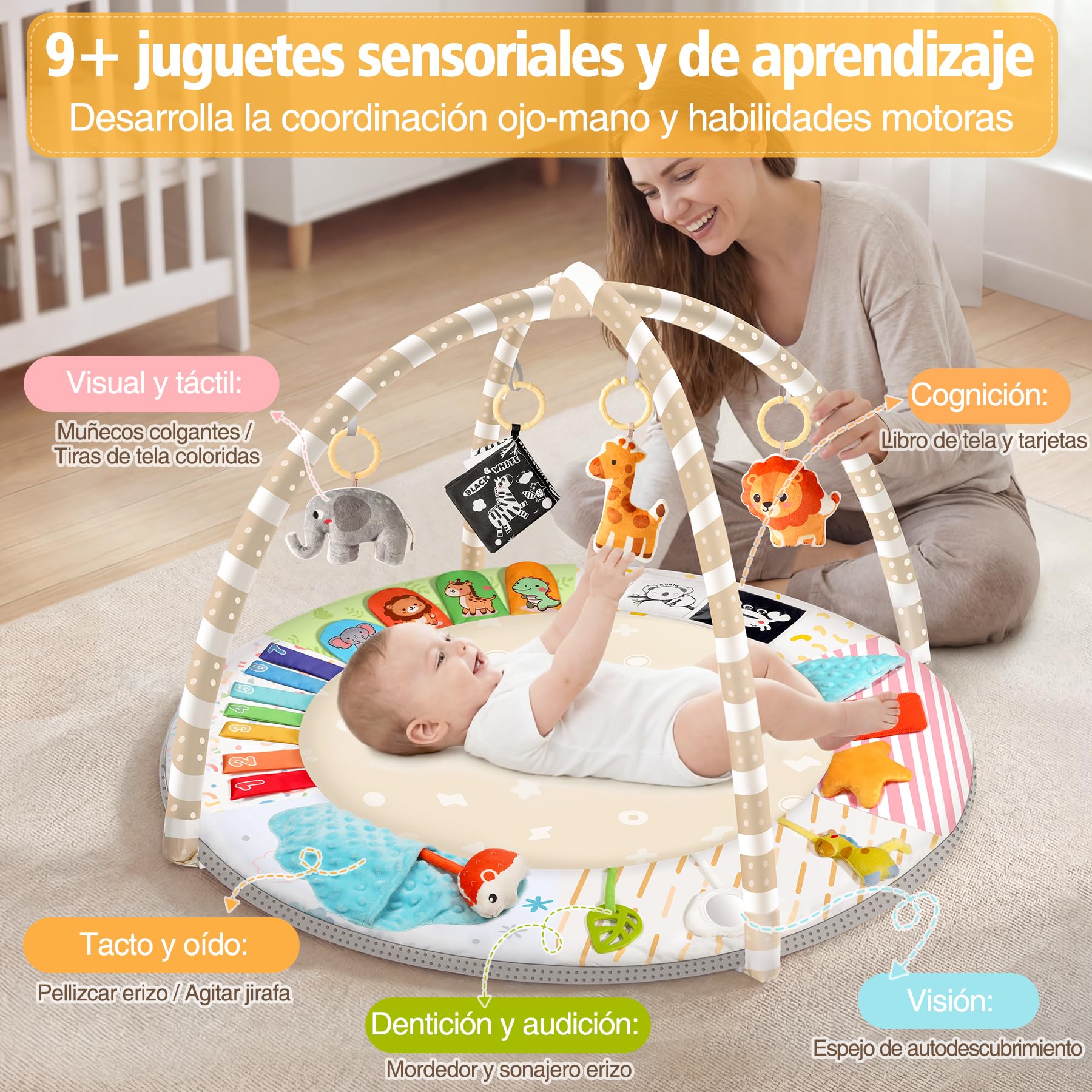 URMYWO Tapete Actividades Bebé, Alfombra Juegos Bebé con Arco Desmontable y 5 Juguetes Extraíbles, Estimula 6 Sentidos y Motricidad,Gimnasio Bebé Tummy Time 0-18 Meses,Juguete Ideal para Niña o Niño