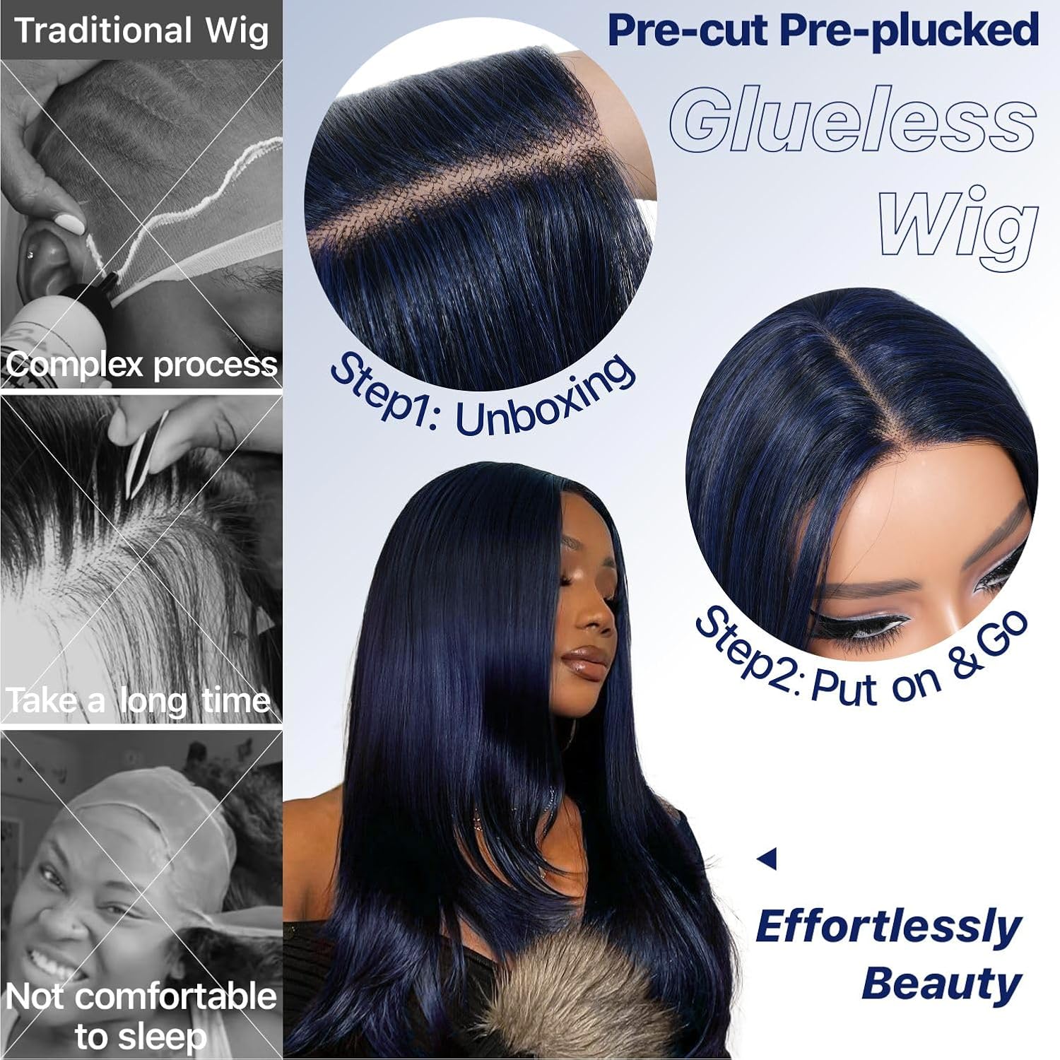 Dark Blue Wear and Go Glueless Wigs Pre Plucked Pre Cut for Beginners Synthetic Lace Front Wig for Woman Long layered Straight Wigs with Bangs 26 Inch 3 Seconds to Wear for Beginners