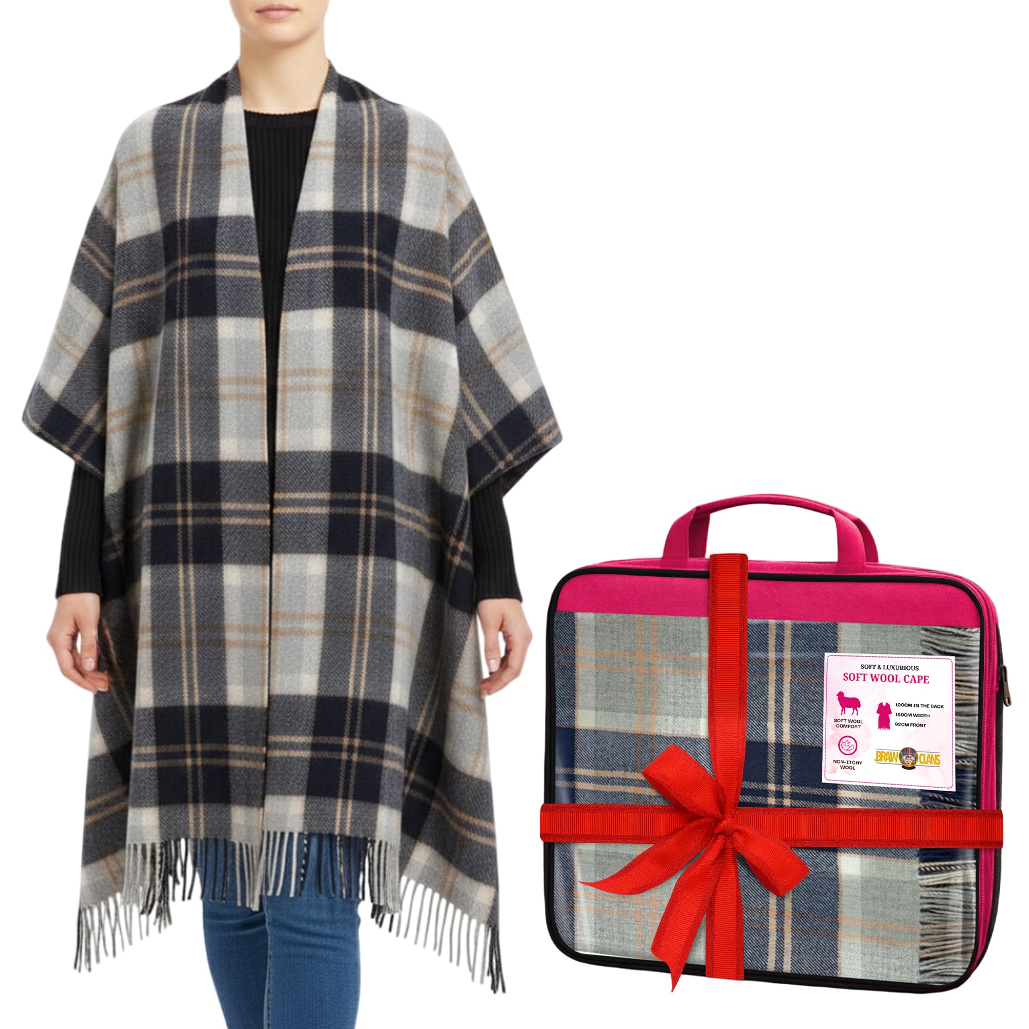 BRAW CLANS TARTANS Soft wool Tartan Poncho Blanket cape made in Scotland - Ruana cloak style - full body shawl - Mothers day Gift - Home, Travel, Camping - Bannockbane Silver Tartan
