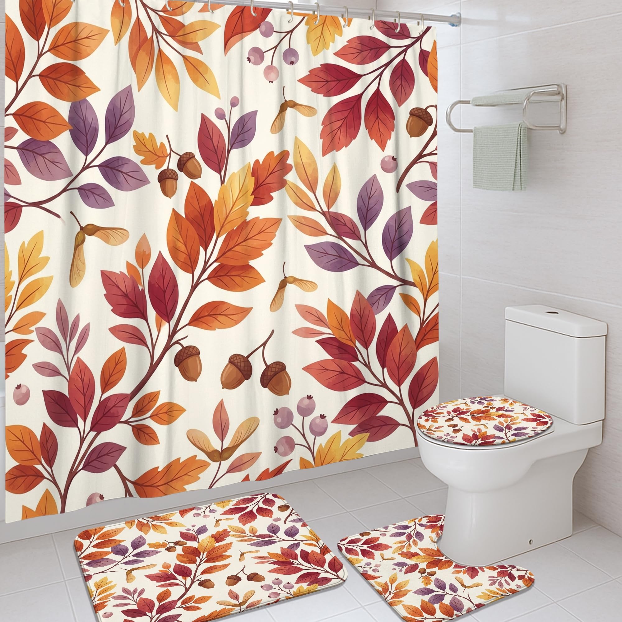 Rideau de douche lavable anti-moisissure et tapis de bain feuilles d'automne