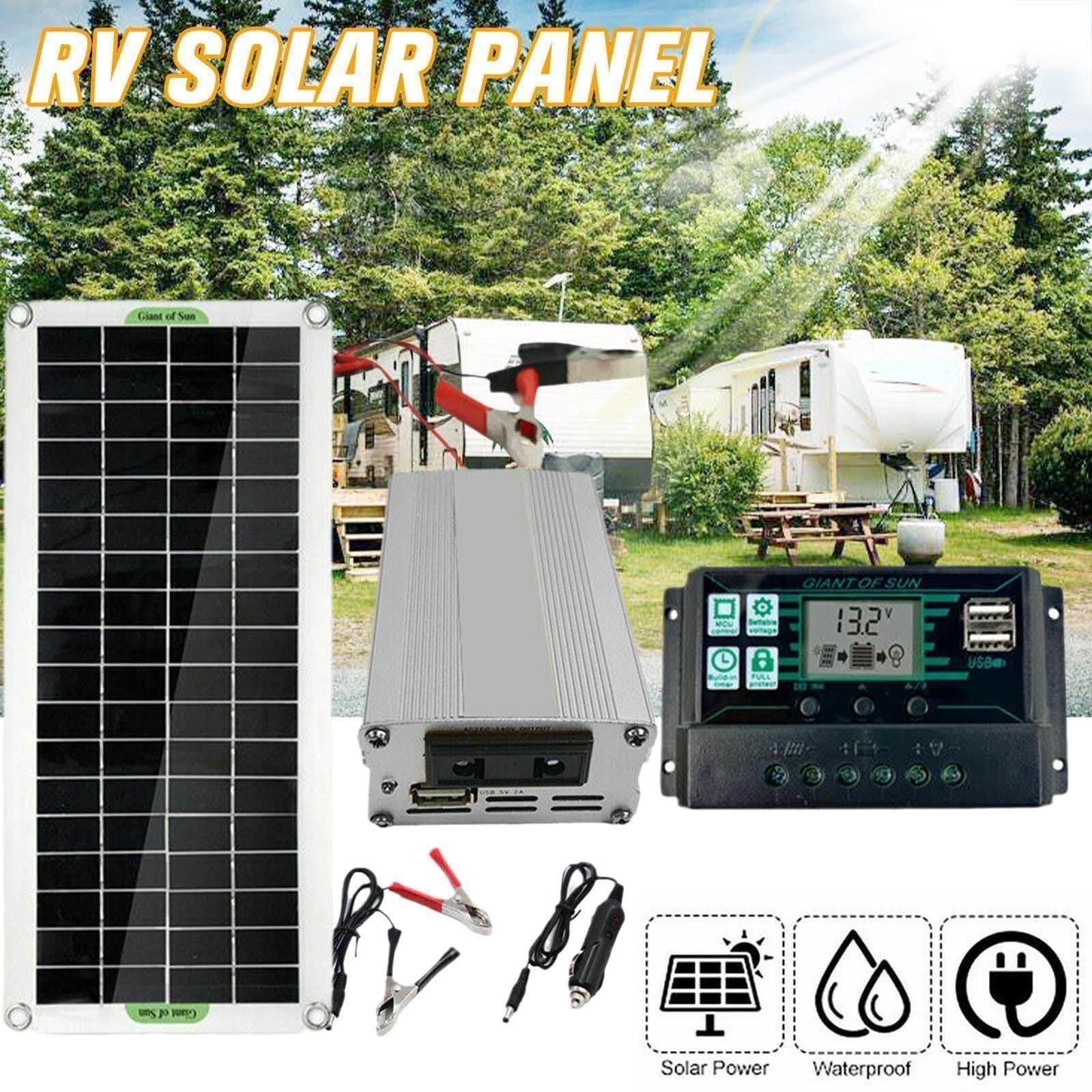 Kit de panel solar de 200 W con convertidor de 12 V a 220 V, cargador de batería y controlador de 100 A para RV, remolque y furgoneta de viaje