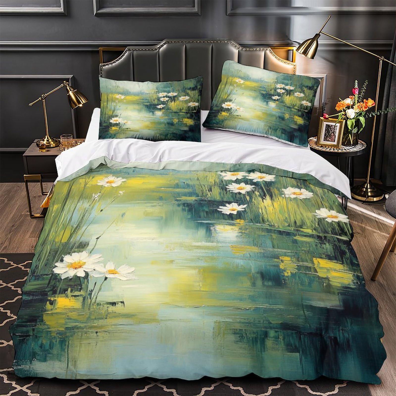 Housse de couette nénuphar 3D peinture paysage impressionniste parure de lit microfibre King