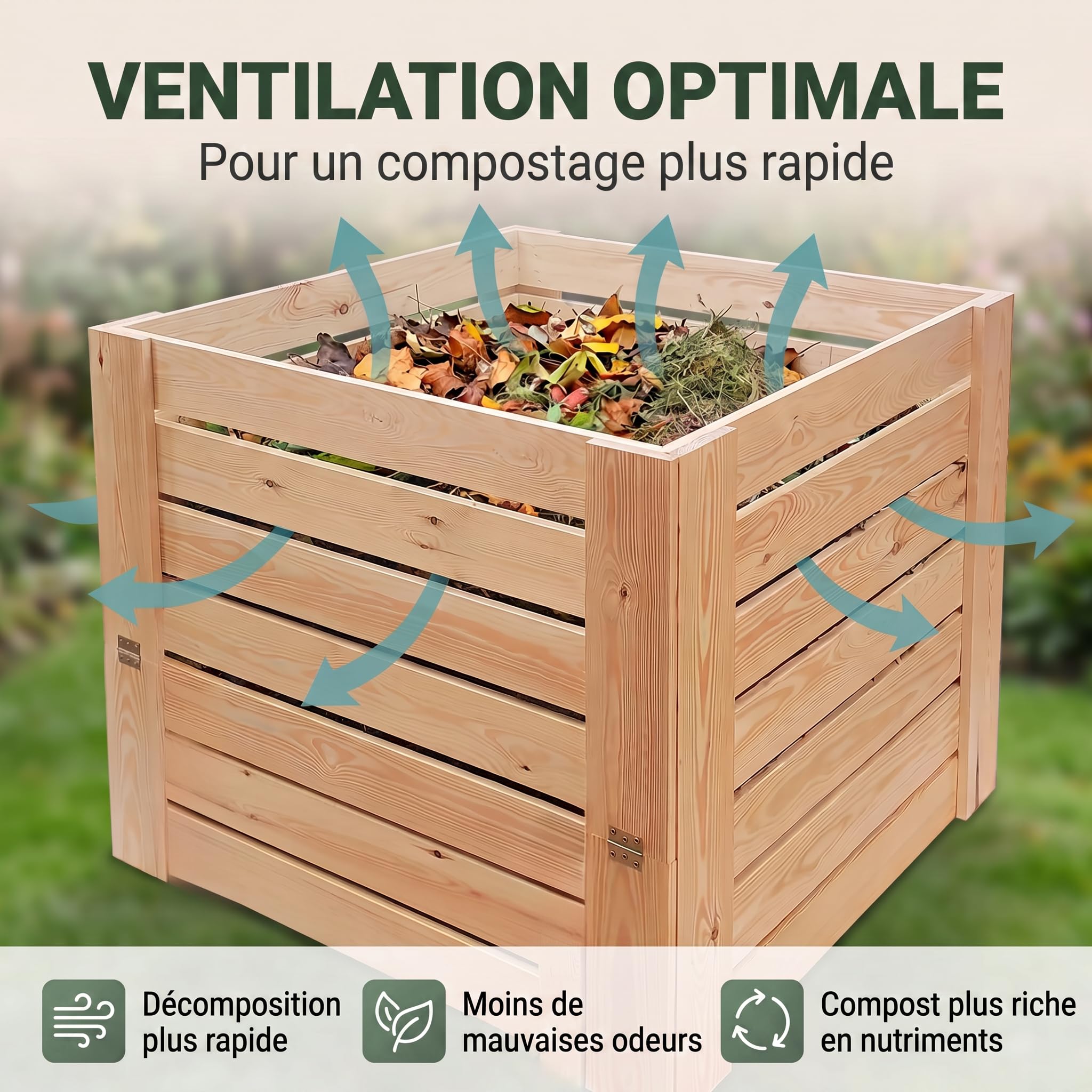VELORA H&L Composteur 512 L - Composteur de Jardin en Bois Naturel avec Trappe de Récupération, Bac à Compost pour Déchets Verts et Déchets Organiques