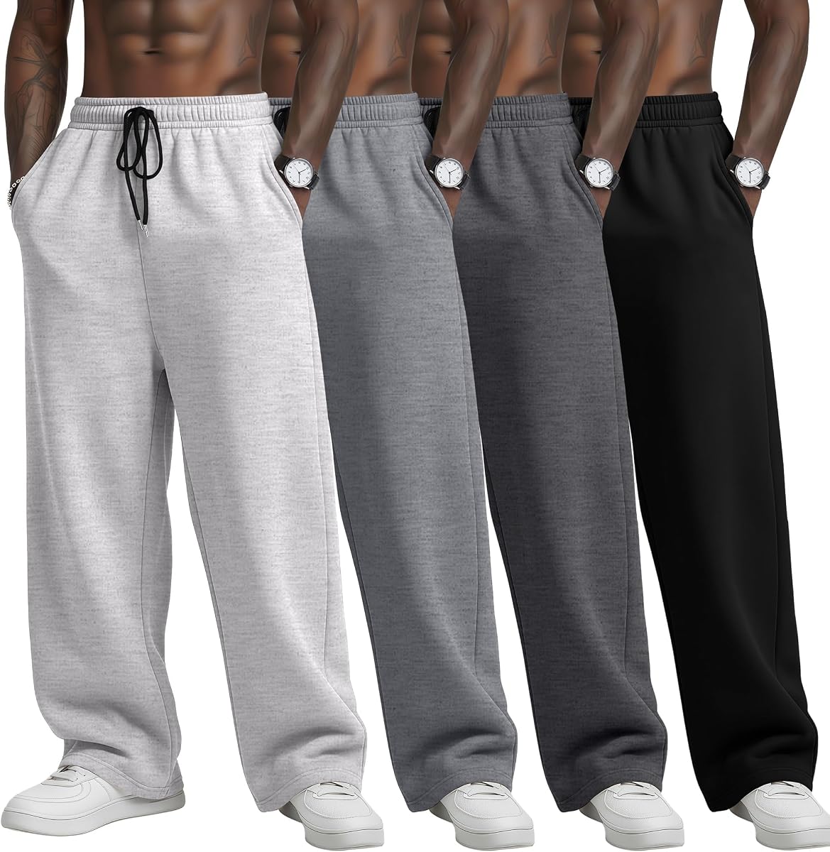 Paquete de 4 pantalones deportivos grandes y altos para hombre | Parte inferior abierta, holgados, sueltos, pantalones de salón, entrenamiento, cordón, joggers, con bolsillos, suaves, transpirables, casuales, cintura elástica