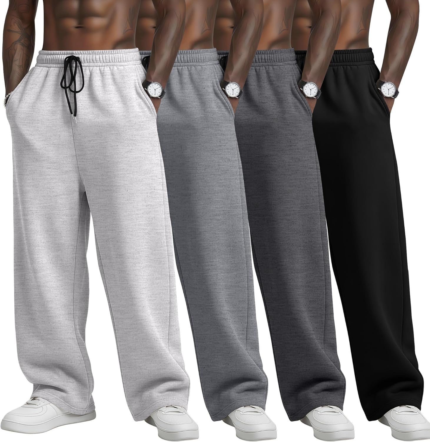4 Pack Mens Big and Tall Sweatpants Athletic Workout Lounge Open Bottom Pants Drawstring Joggers with Pockets