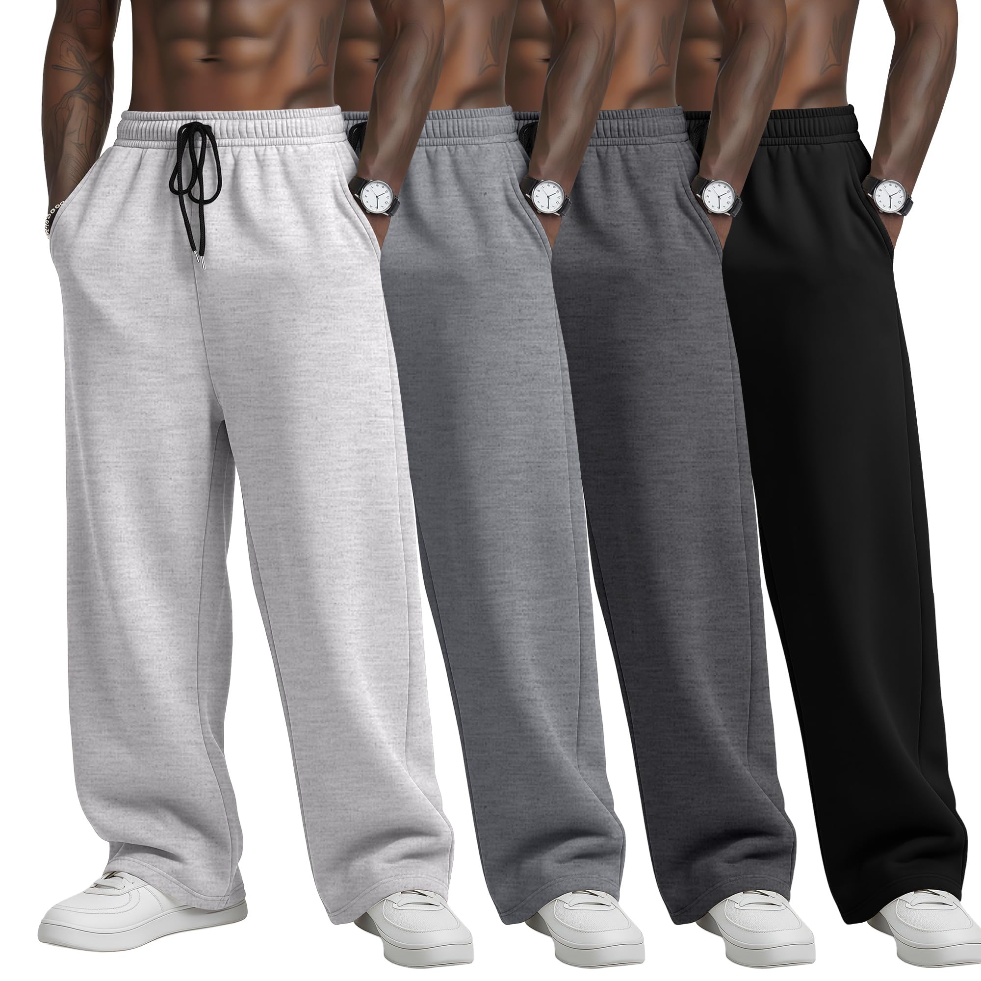 4 Pack Mens Big and Tall Sweatpants Athletic Workout Lounge Open Bottom Pants Drawstring Joggers with Pockets