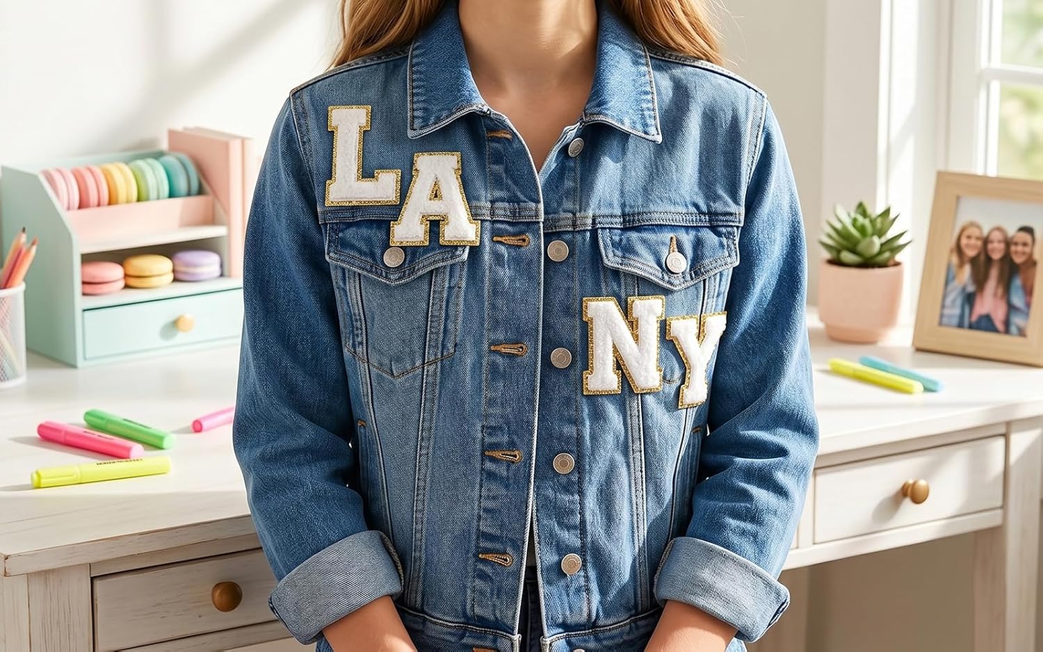 52Pcs White Chenille Letter Patches with Gold Trim, Self-Adhesive No Iron Preppy Varsity Initial Stickers, 2 Full A-Z Sets for Jackets Hats Denim Backpacks & DIY Crafts